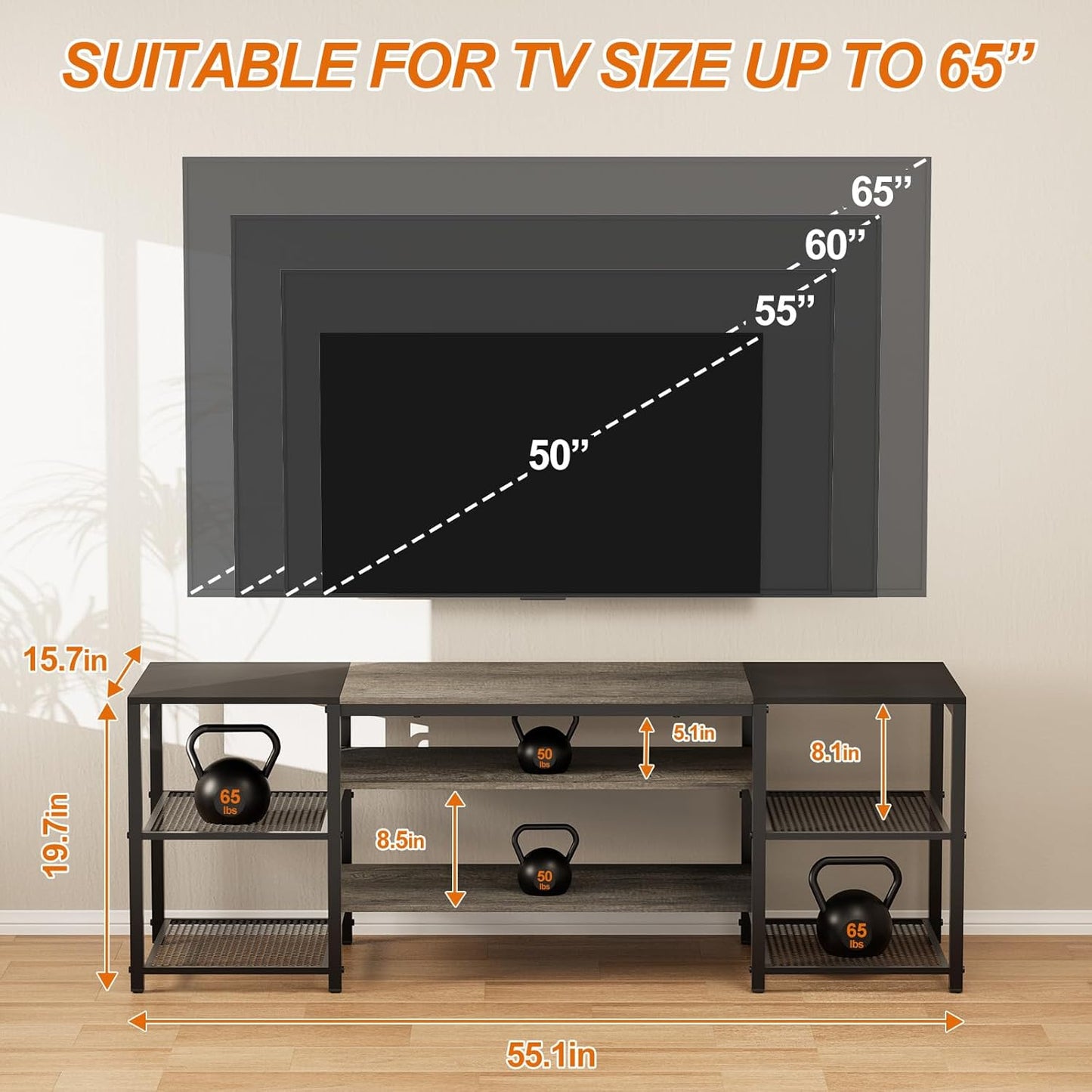 Modern Television Stand for 65 Inch TVs with Industrial Color Grey & Black, Metal Frame Storage Shelves with Open 3-Tier for Entertainment Center, Bedroom, Living Room