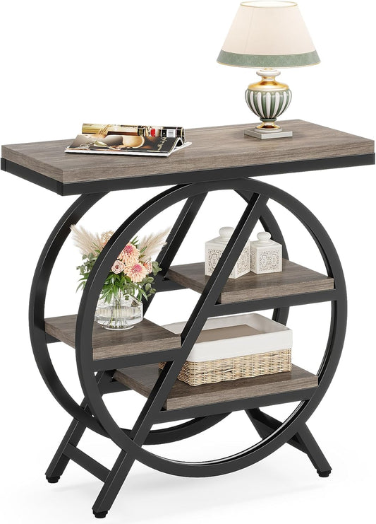 LITTLE TREE End Table, Narrow Side Table with 4-Tier Large Storage Space, Modern Bedside Table for Living Room, Home Office, Bedroom, Grey