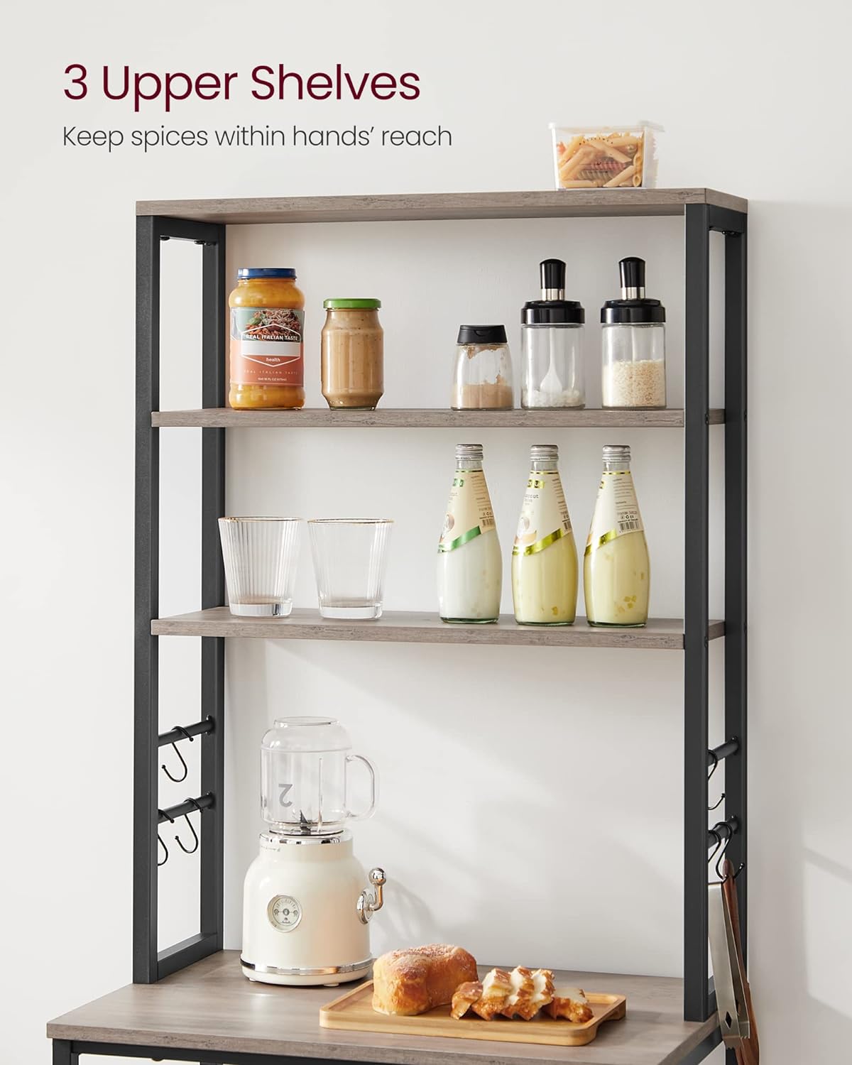 VASAGLE Coffee Bar, Baker’s Rack for Kitchen with Storage, 6-Tier Kitchen Shelves with 6 Hooks, Microwave Stand, Industrial, 15.7 x 23.6 x 65.7 Inches, Greige and Black UKKS024B02