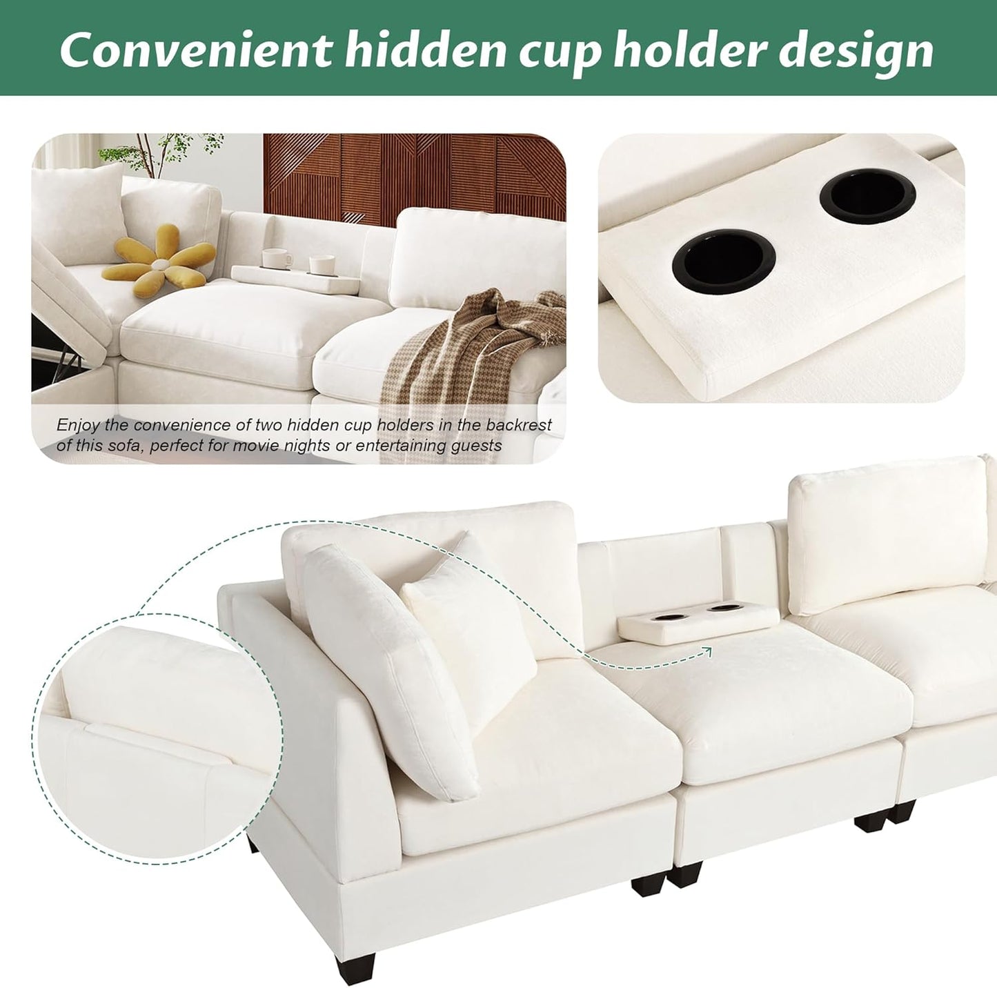 127.6 Inch 5-Seat Modular Convertible Sectional Sofa with Removable Storage Ottoman and 2 Hidden Cupholder, L-Shaped Upholstery Corner Couch for Living Room Apartment Office, Beige