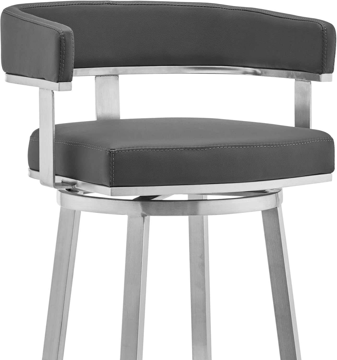 Armen Living Lorin Modern 26" Seat Height Gray Faux Leather and Brushed Stainless Steel Metal Swivel Bar Stool for Kitchen Island Counter