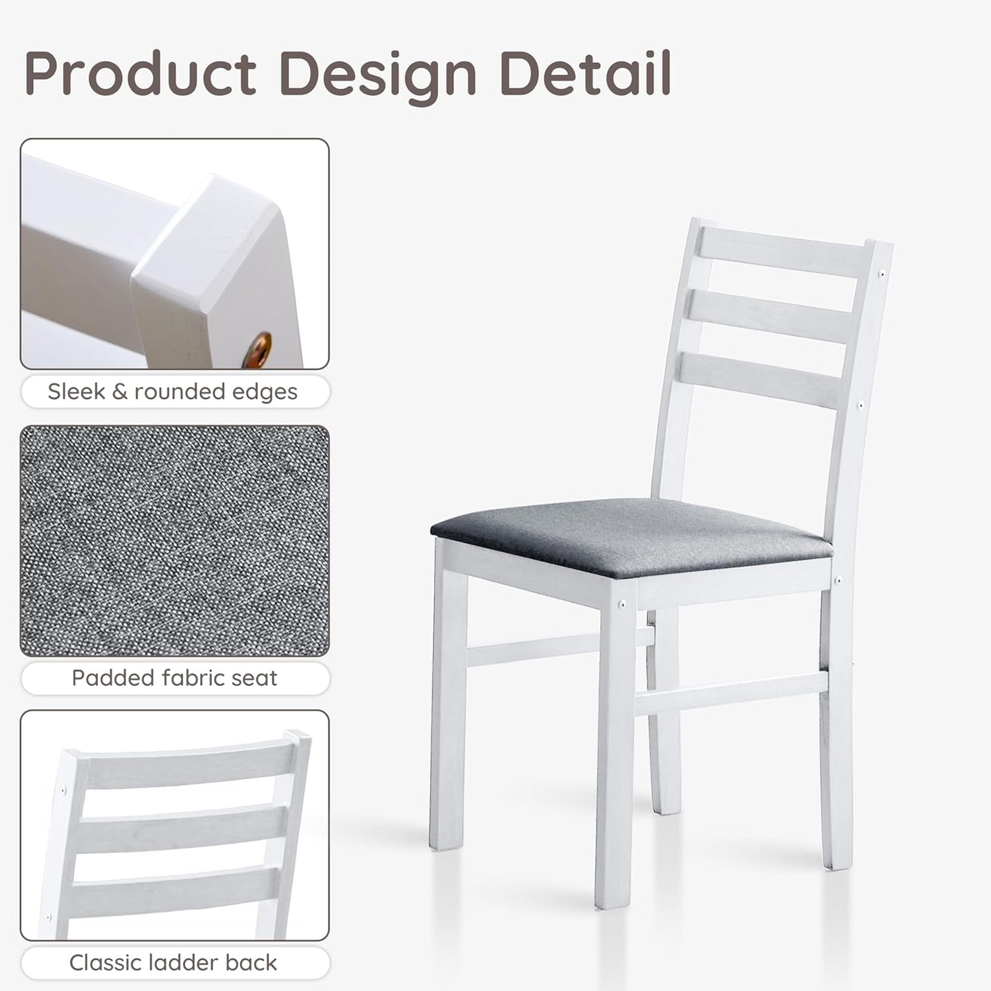 Livinia Seattle Modern Farmhouse Kitchen Dining Room Chair Set of 4, Solid Wood Fabric Upholstered Cushion Seat Wood Ladder Back Chairs (White)