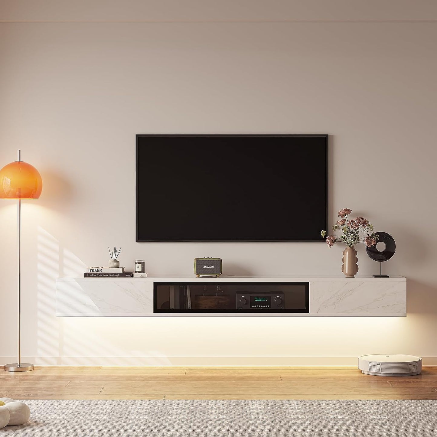 High Gloss Floating TV Stand,78'' Wall Mounted TV Console,Under TV Floating Shelf,Floating TV Cabinet with 3 Doors for Bedroom Living Room,White