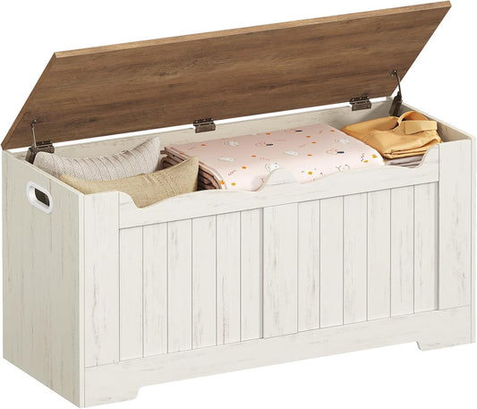 39.4" Storage Chest, Storage Bench Trunk with 2 Safety Hinge, Wooden Box, Lift-Top Chest Organizer, Shoe Bench for Entryway, Bedroom, Living Room, White and Brown SB01014B