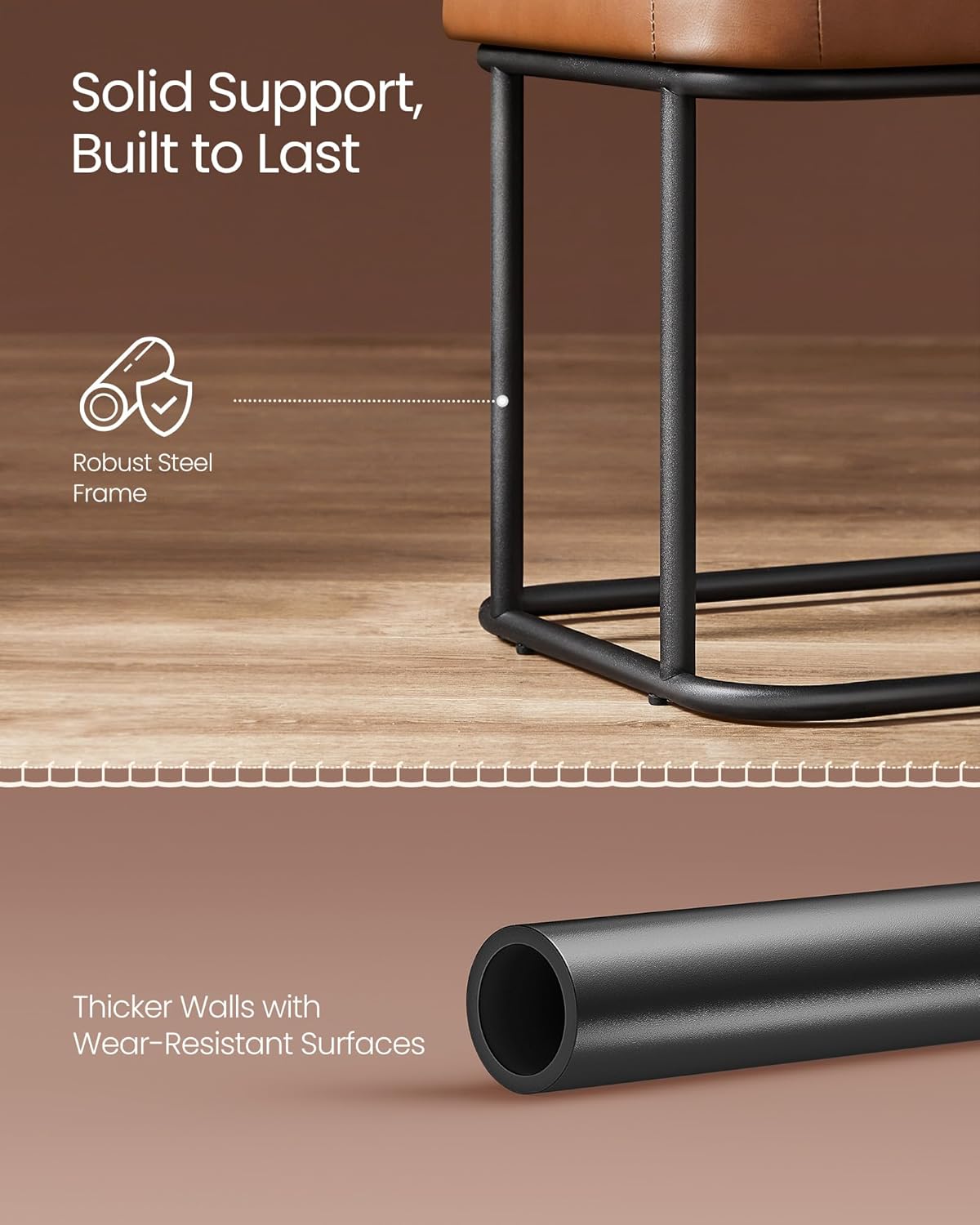 VASAGLE EKHO Collection - Storage Bench for Entryway, Ottoman Bench with Steel Frame, 43.3-Inch Wide, Synthetic Leather, Living Dining Room, Mid-Century Modern, Loads 660 lb, Caramel Brown ULOM085K01