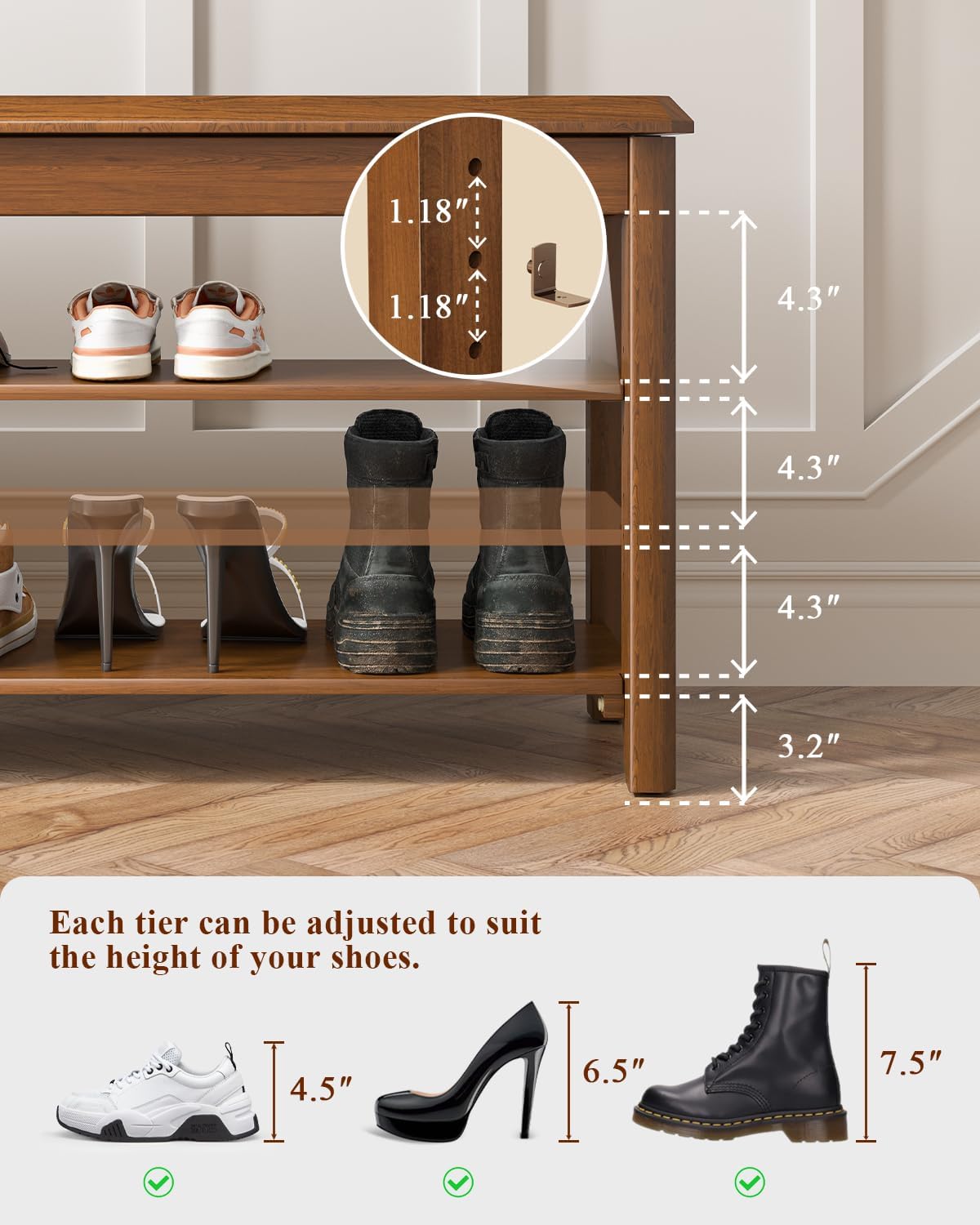 Shoe Rack Bench Seat Rubberwood 3-Tier Wooden Storage Bench 550lbs Compact Mid-Century Modern Design for Entryway, Hallway, Closet, Front Door Entrance, Foyer