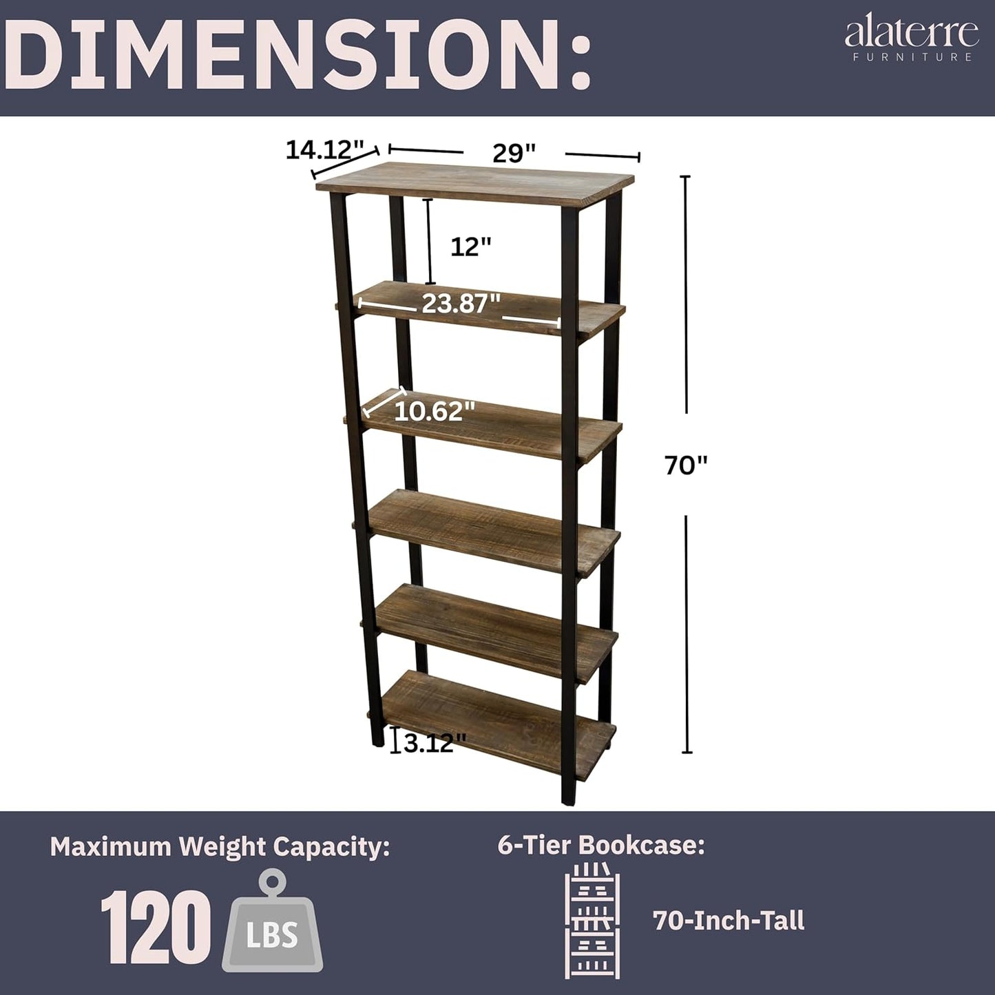 Pomona 6-Tier Bookcase – 70" Tall Solid Wood with Metal Frame Bookshelf – Durable Industrial Storage for Home Office, Living Room, or Bedroom by Alaterre Furniture (Brown Lacquer Finish)