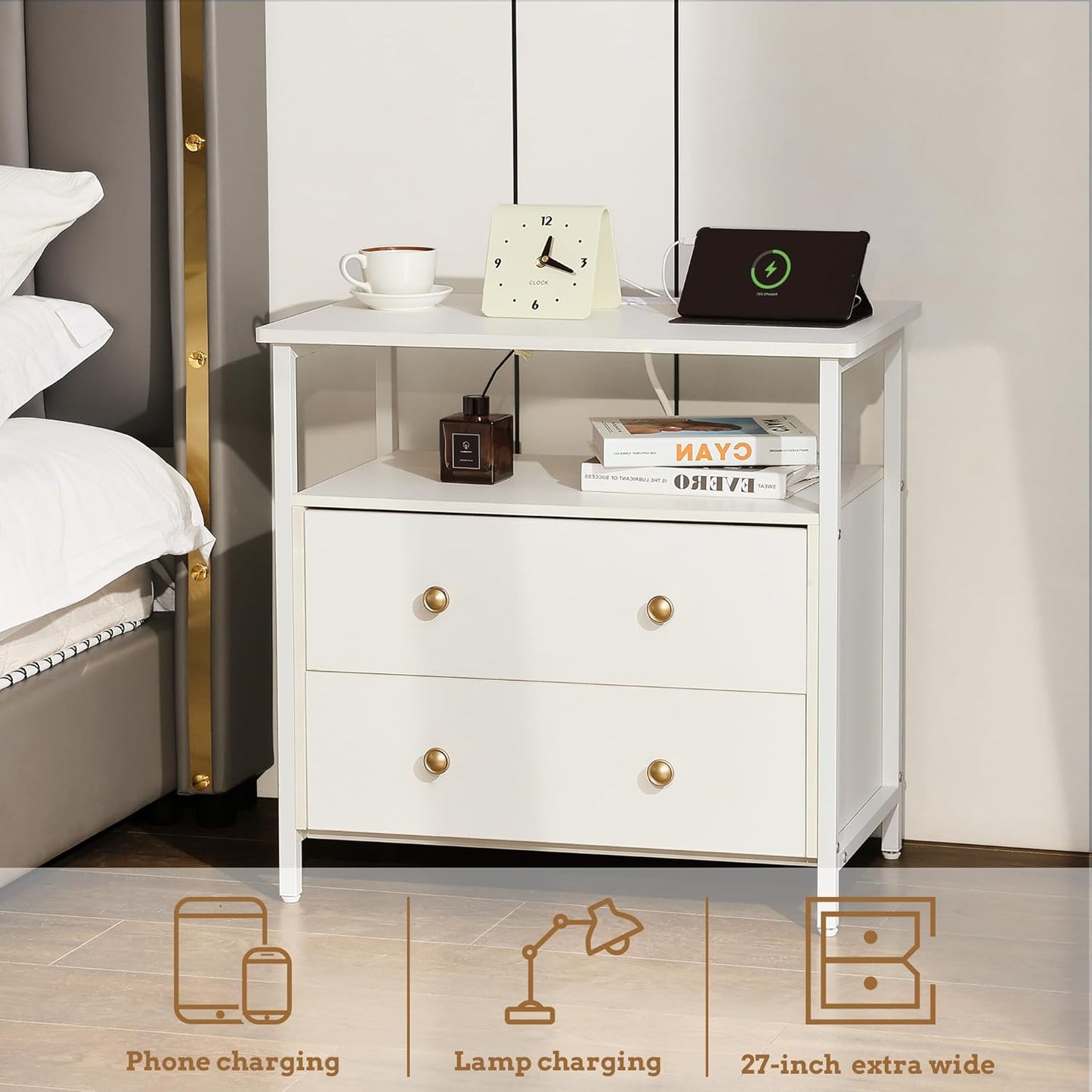 27 inch Wide Nightstand with Charging Station, Bedside Table with Open Shelf, 2 Drawers Small Wood Dresser, End Side Table for Bedroom (White)