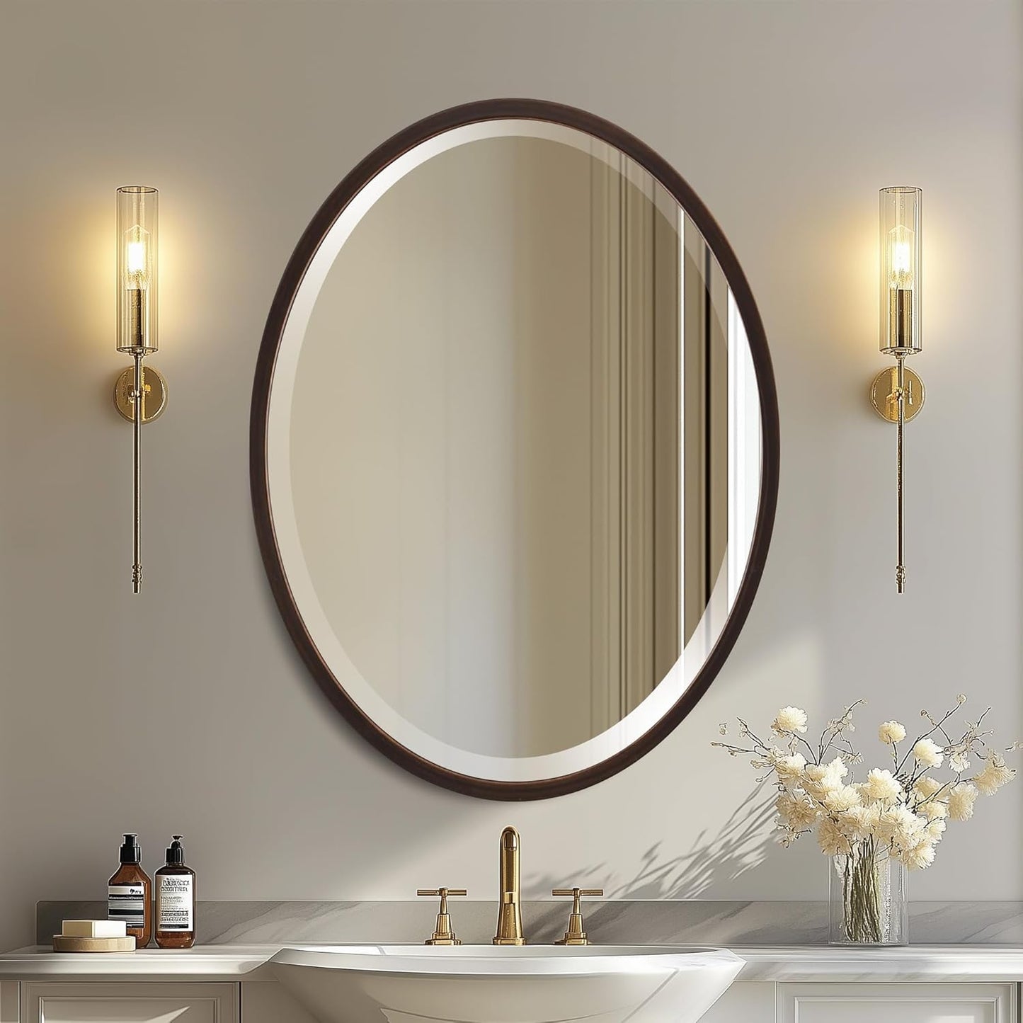 OVALCREST - Oval Wooden Beveled Wall Mirror for Home Decor, Bathroom, Vanity, Bedroom, Living Room, Hallway - London Style (Rubbed Bronze) 13.1 x 17.1