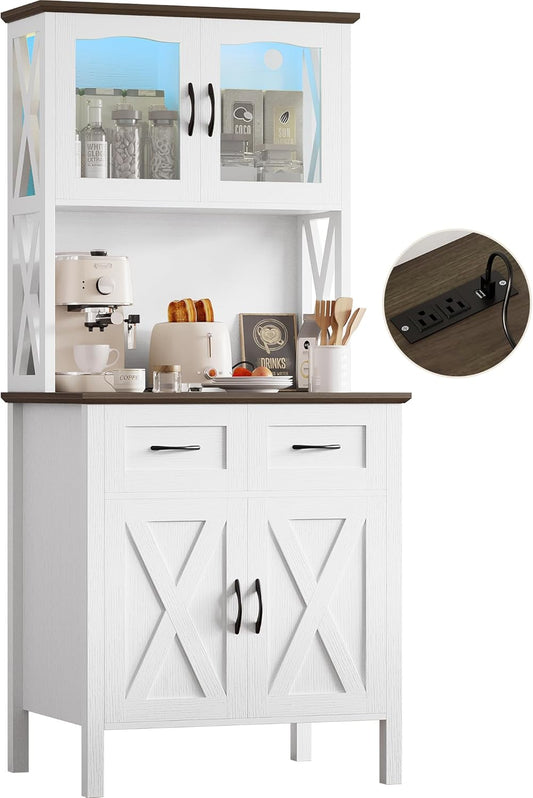 IRONCK 71" Pantry Cabinet with LED Lights and Charging Station, Tall Kitchen Storage Cabinet with Microwave Stand, Farmhouse Kitchen Hutch for Dining Room, White