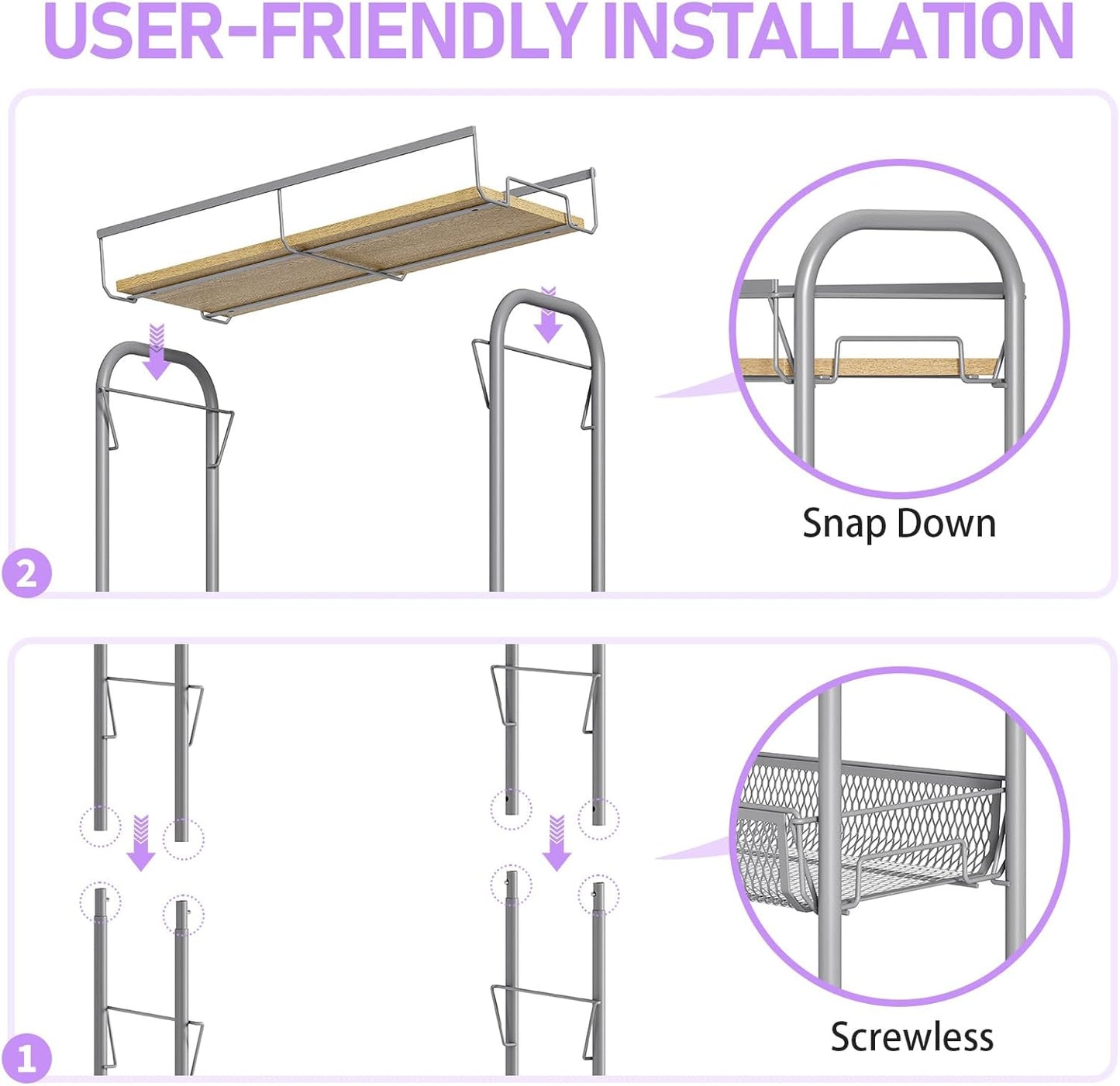 KINGRACK Metal Slim Rolling Cart,4-Tier Metal Utility Cart,Storage Cart with Wooden Tabletop, for Narrow Space on Laundry Bathroom Kitchen Room Bedroom Apartments Dormitory (Light Grey, Slim)