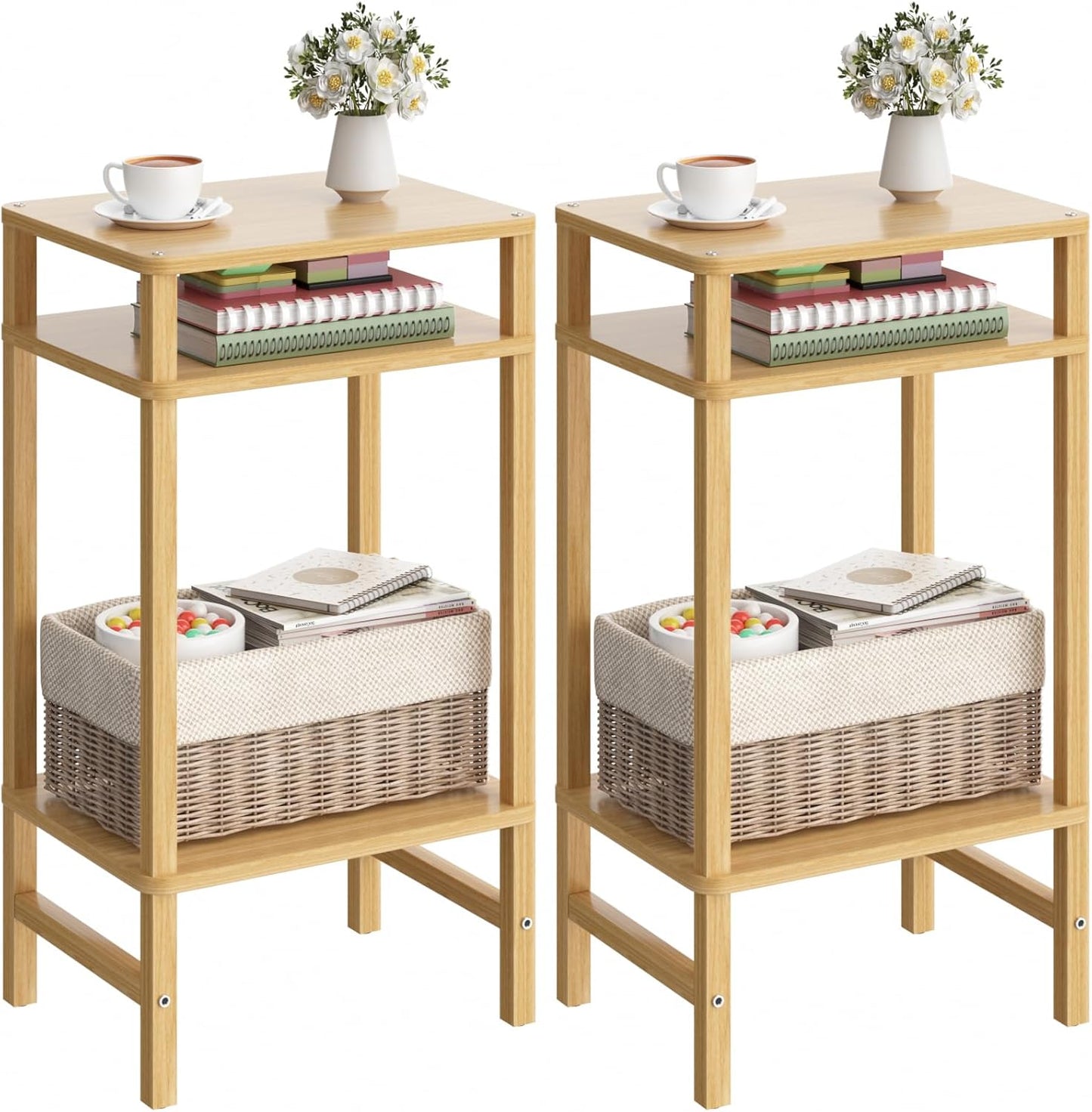 28in Tall Bamboo Side Table Set of 2, 3-Tier Small Narrow End Table for Couch, Skinny Nightstand for Small Space, Farmhouse Slim Night Stand with Storage, Wooden Thin Bedside Table, Natural