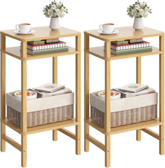 28in Tall Bamboo Side Table Set of 2, 3-Tier Small Narrow End Table for Couch, Skinny Nightstand for Small Space, Farmhouse Slim Night Stand with Storage, Wooden Thin Bedside Table, Natural