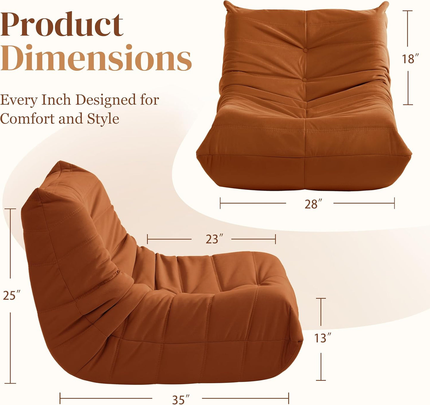 Bean Bag Chair, Fireside Chair Bean Bag Sofa for Adults, Bean Bag Chairs for Teens with High-Resilience Foam, Memory Foam & Non-Slip Base Bean Bag for Living Room, Bedroom, Office (Suede,Burnt Orange)