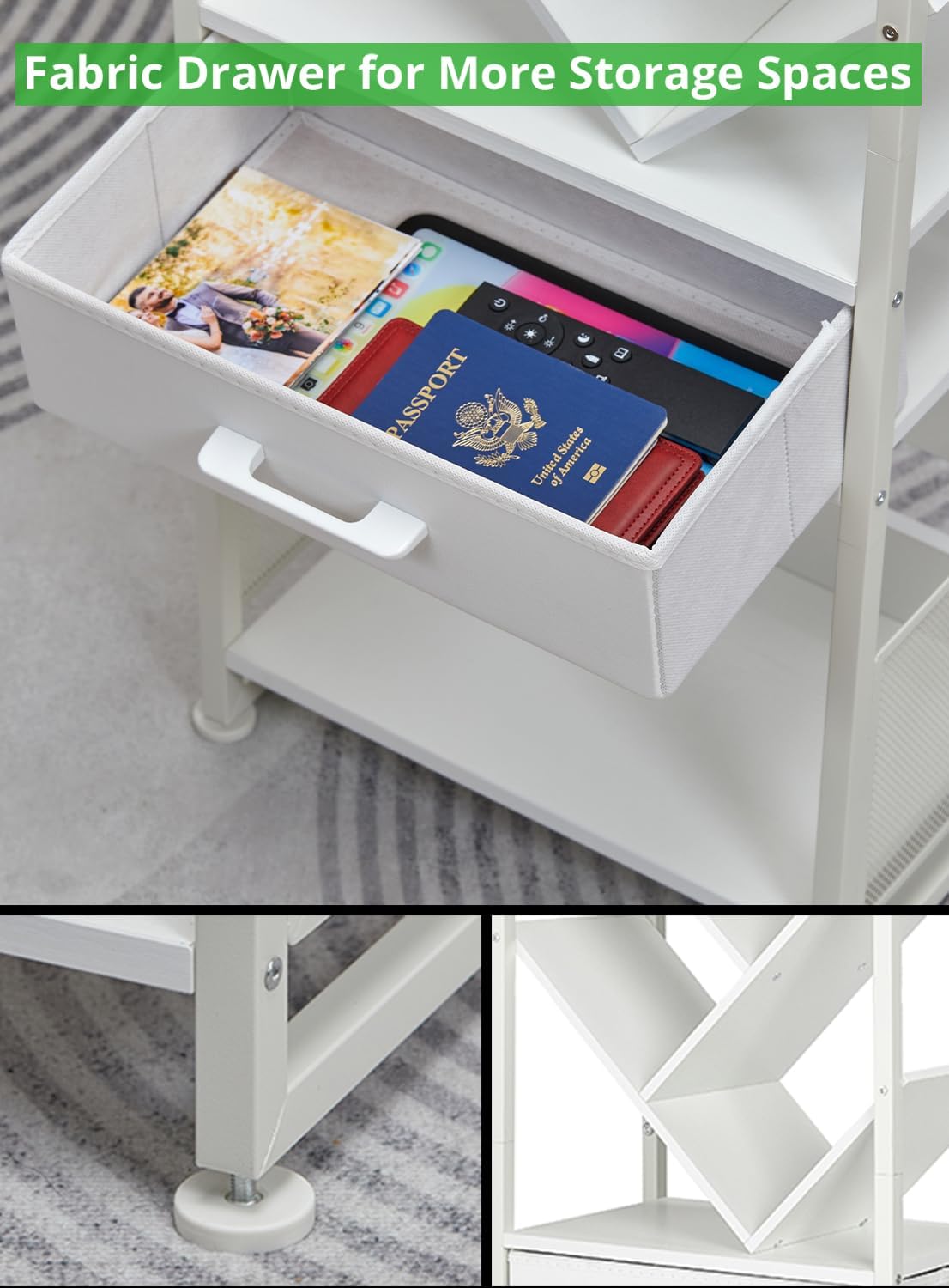 Bookshelf with Drawer,8 Tier Tree Bookcase Retro Floor Standing Bookshelves,Tall Wood Bookcases with Cabinet Storage Organizer for Living Room, Bedroom & Home Office, White