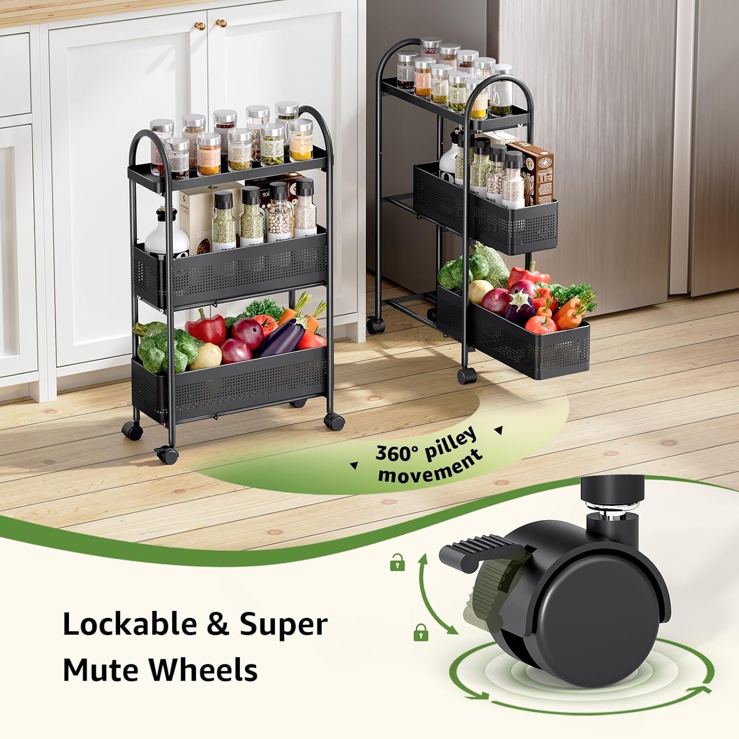 KINGRACK 3-Tier Slim Storage Cart with Pull Out Basket, Rolling Bathroom Organizer Utility, Metal Shelving Unit Slide Out, Lockable Wheels, Easy Assembly for Narrow Place, Kitchen, Laundry Room, Black