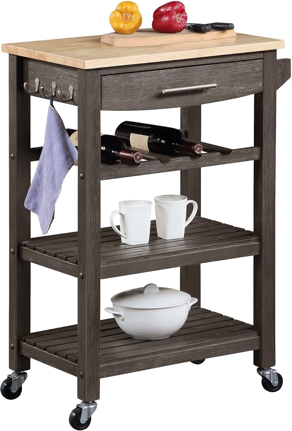 Convenience Concepts Ellaine 4 Tier Kitchen Cart with Drawer and Wine Rack, 24.75 x 16.5 x 34.5, Wirebrush Dark Gray/Butcher Block