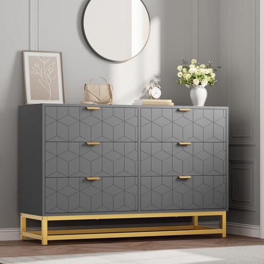 GAOMON Grey Dresser for Bedroom,Modern 6 Drawer Double Dresser with Gold Handles,Long Storage Organizer for TV Stand & Closet,Large Chest of Drawers for Living Room,Hallway,Entryway