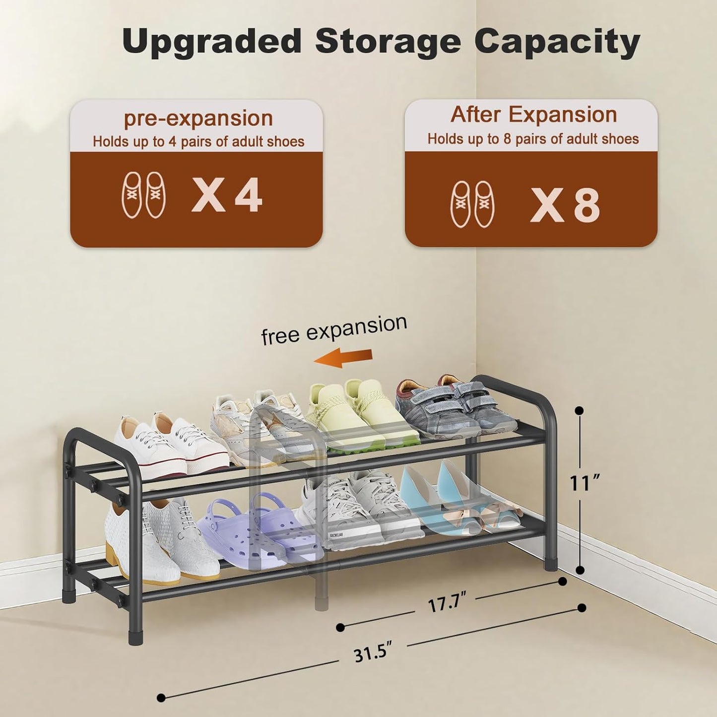 KANAV 2-Tier Expandable Shoe Rack, Adjustable Shoe Organizer & Storage for Closet, Small Space Saving Shoe Rack for Entryway, Bedroom, or Office – Sturdy & Durable Design