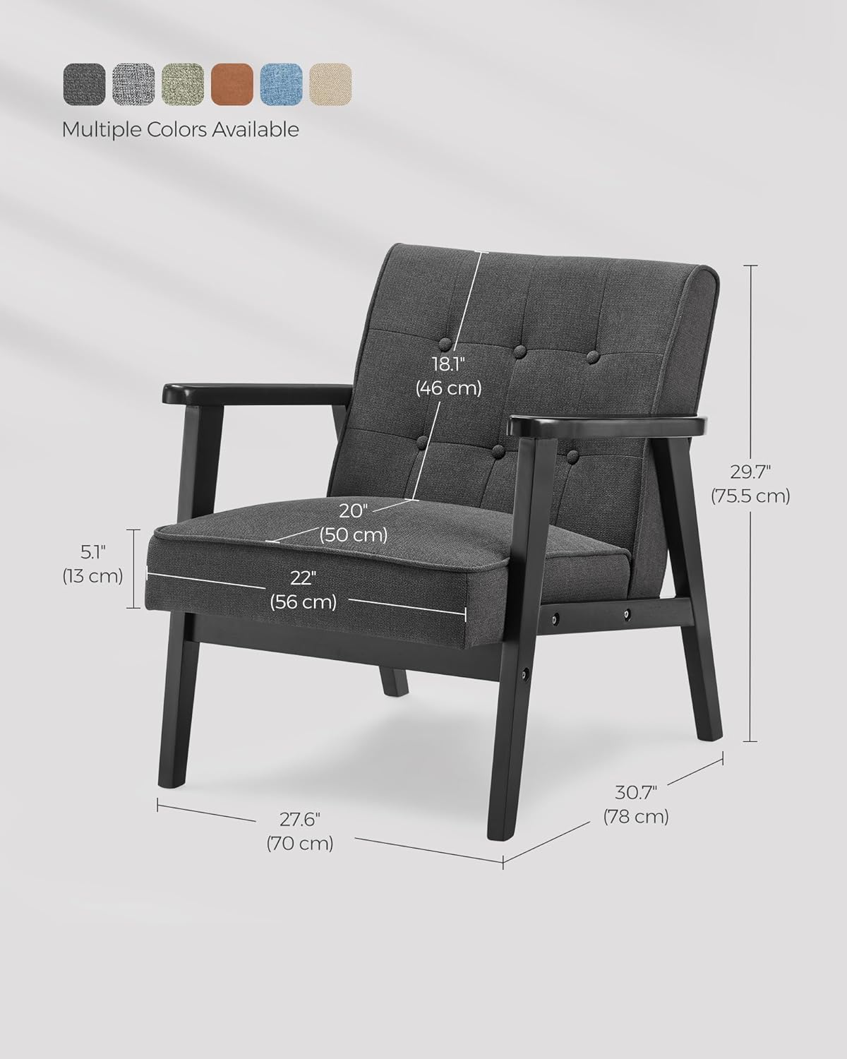 SONGMICS Accent Leisure Chair, Mid-Century Modern Arm Chair with Solid Wood Armrests and Legs, 1-Seat Cushioned Sofa for Living Room Bedroom Balcony Studio, Classic Black ULAC001B01