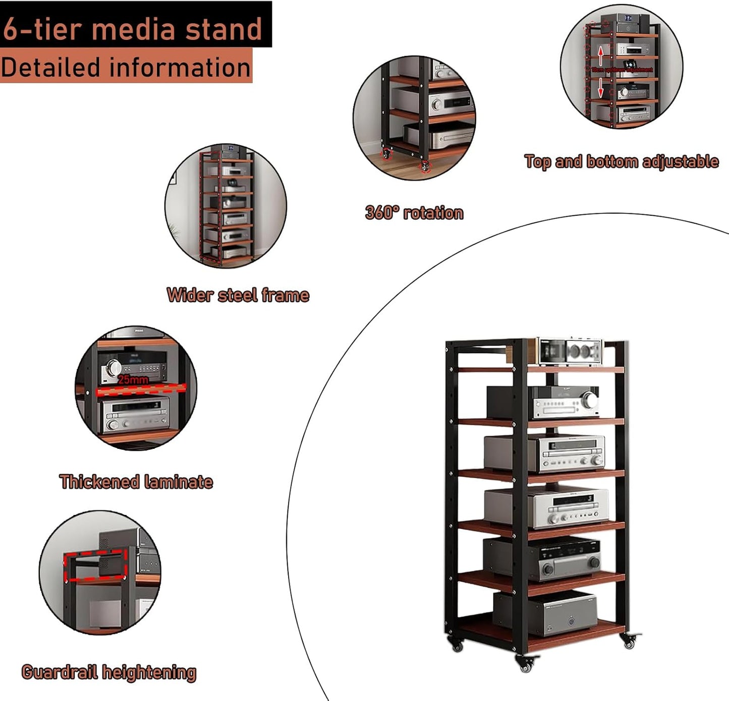 6 Tier Audio Rack Tower, CD Record Player Stereo Receiver AV Equipment Cabinet Display Rack, Weight capacity 661 lbs, with Adjustable Wooden Shelves for Home (TEAKWOOD, 6 TIER 47×19.7×15.7IN)