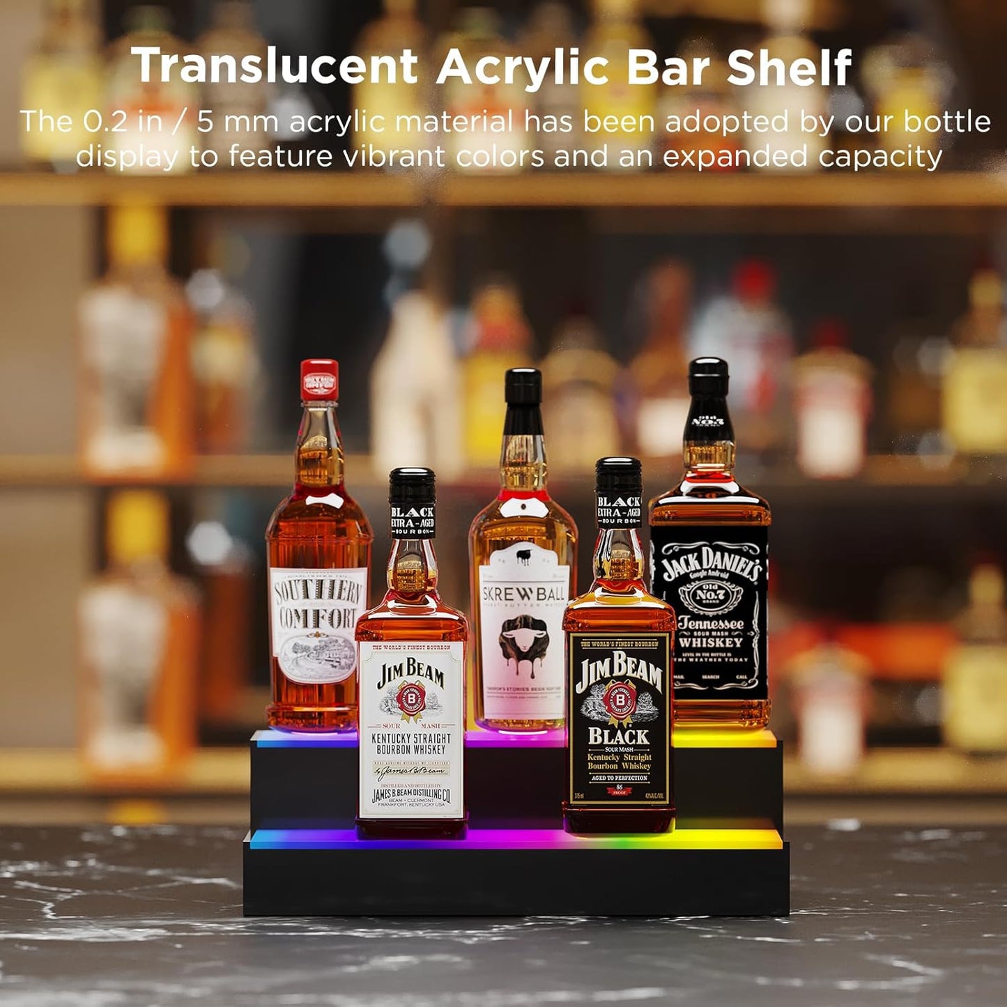 Dethan 2 Tier 15 Inch Liquor Bottle Display Shelf - Wine Racks with Multi-Color, Acrylic Bar Shelves for Commercial Clubs