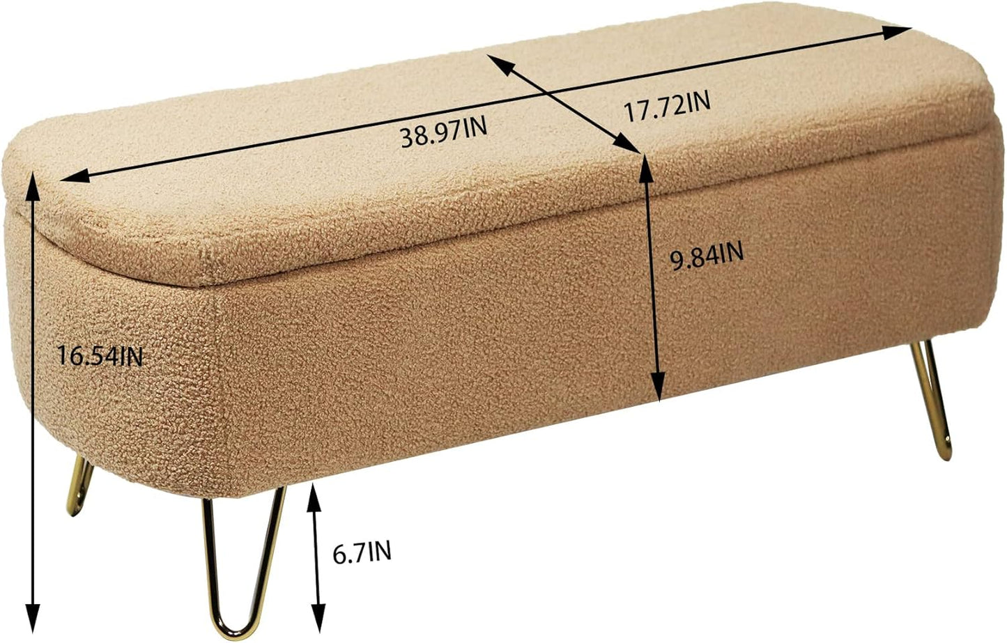 Storage Ottoman Bench with End of Bed Gold Legs,Modern Faux Fur Entryway Long Stool Upholstered Padded W/Safety Hinge,for Bedroom LivingRoom Window Side,Camel