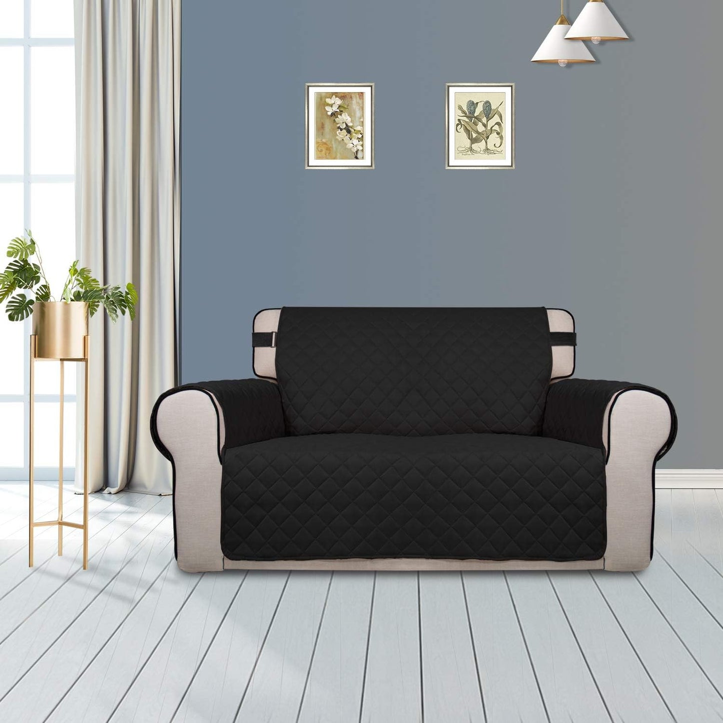 PureFit Reversible Sofa Cover Water Resistant Loveseat Couch Cover, Machine Washable Furniture Cover with Non-Slip Foam and Adjustable Strap for Dogs, Pets (Loveseat, Black/Beige)