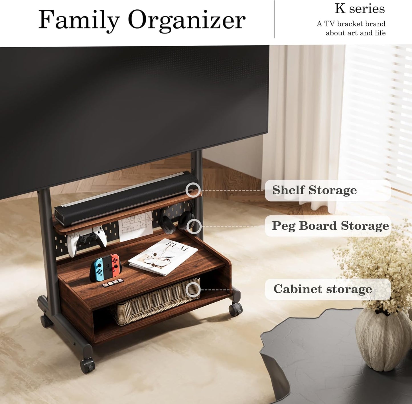 FITUEYES Rolling TV Floor Stand for 40-85in TVs, Heavy Duty Mobile TV Stand on Wheels Lockable, TV Cart with Wooden Large Storage Shelf & Pegboard Hold up to 132 lbs for Bedroom, Living Room, Office