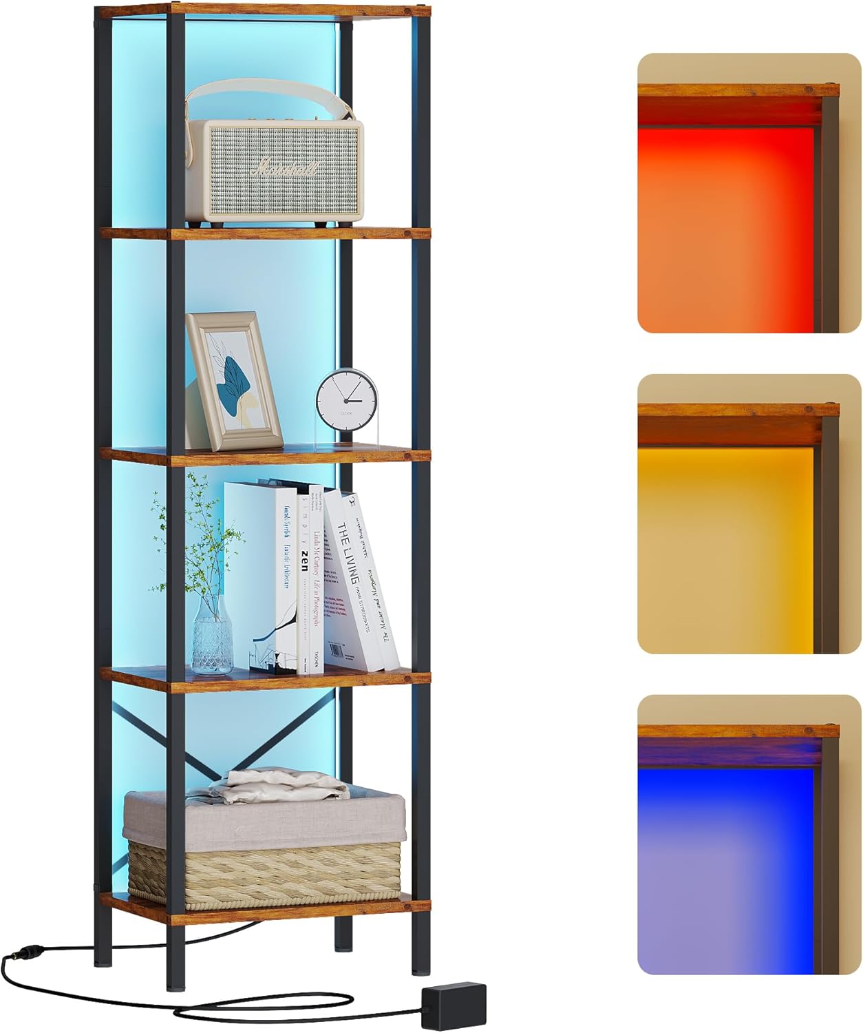 5-Tier Bookshelf, Tall Narrow Bookcase with LED Lights, Book Shelf with Steel Frame, Office Furniture, Display Storage Shelf for Living Room, Bedroom, Study, Balcony, Rustic Brown