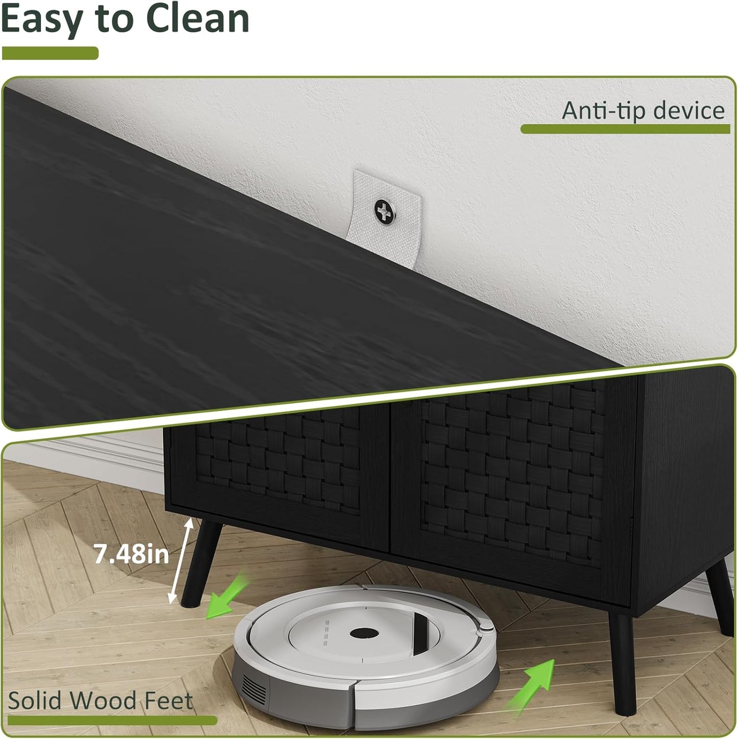 Black Buffet Sideboard Cabinet, Storage Cabinet with Handmade PVC Rattan Decor Doors, Wooden Coffee Station with Adjustable Shelf for Kitchen, Living Room, Entryway