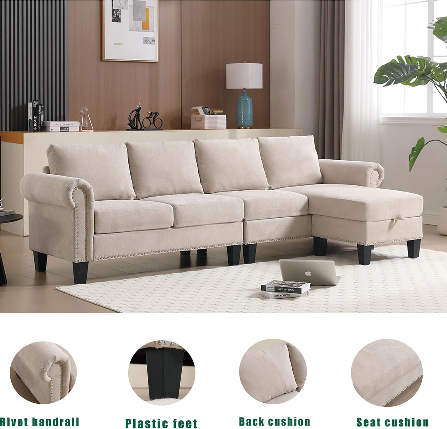 Ball & Cast 106" Convertible Sectional Sofa with Storage Chaise, Linen Upholstered 4 Seater Couch with Back Cushions and Removable Ottoman for Living Room, Apartment, Office,Beige