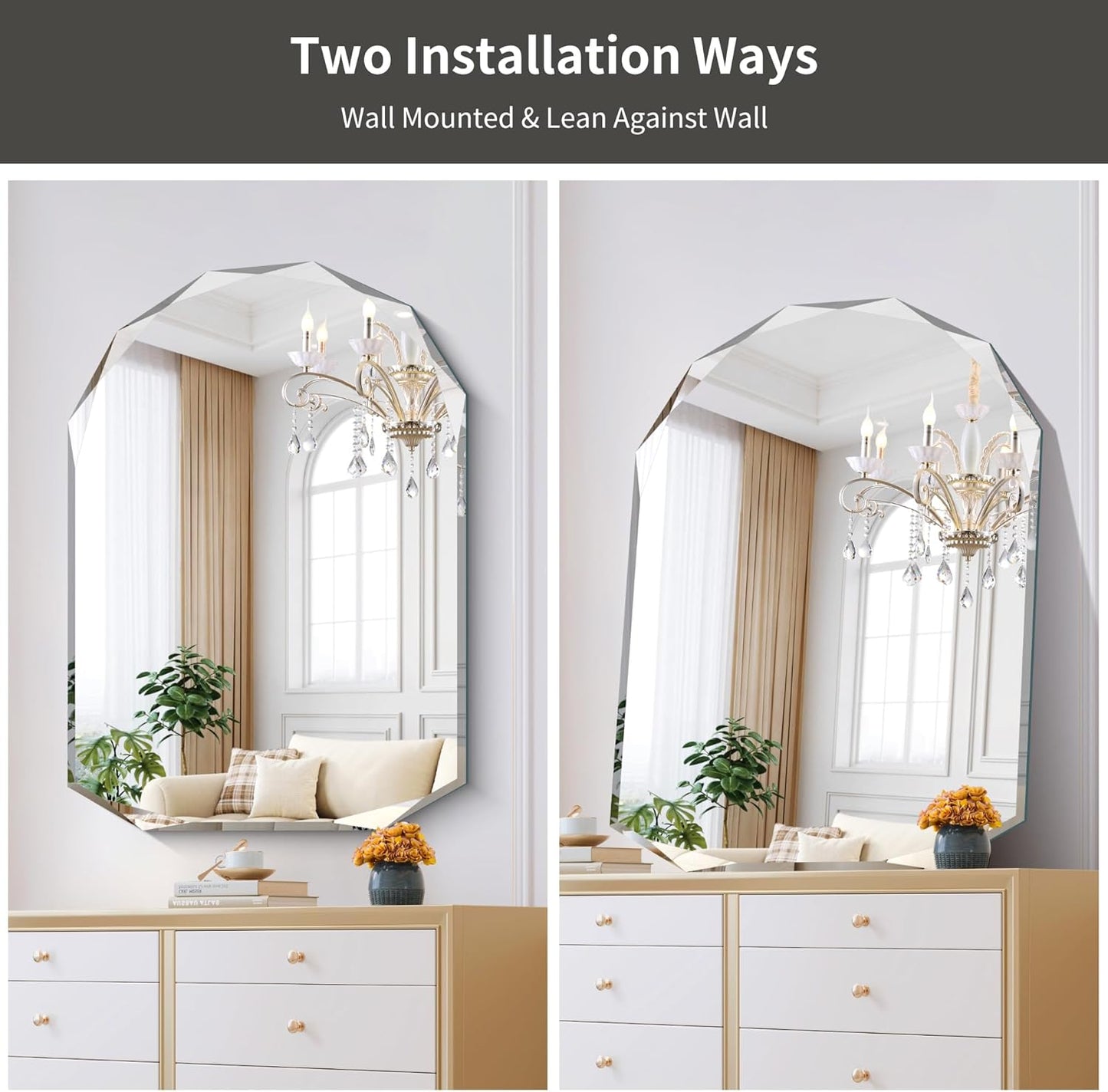 KOCUUY 30"x40" Frameless Mirror, Arched Shape with Diamond-Shaped Beveled Edge,Unframed Decorative with Upgraded Shatterproof Glass,Unique Frameless Mirror for Bathroom,Living Room,Bedroom