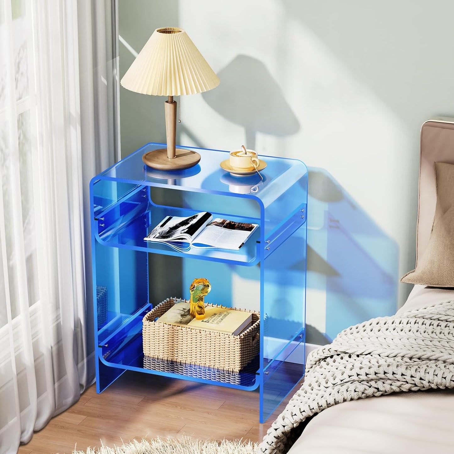 Acrylic Record Player Table with Storage Shelf, Clear Side Table Nightstand (Blue)