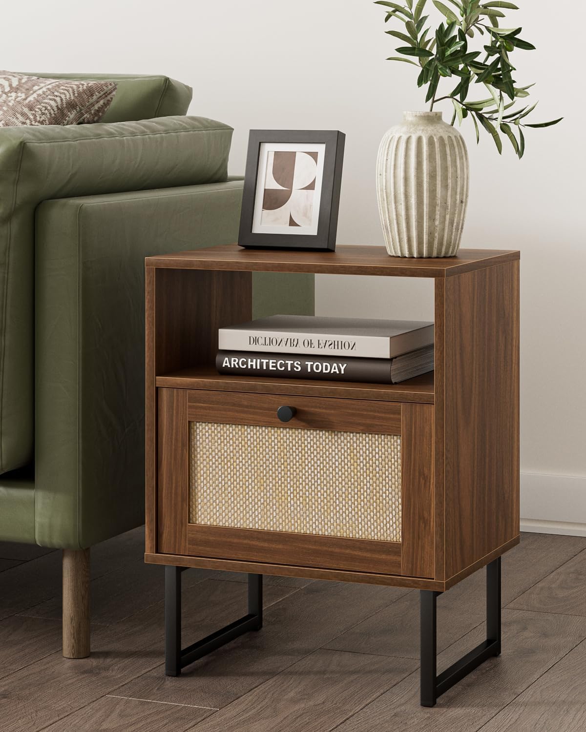 Masupu Rattan Nightstand,Modern Boho Farmhouse Wood Bedside Table with Storage Drawer and Open Shelf,Small Black Frame Side End Table for Bedroom,Living Room,Office (Walnut)