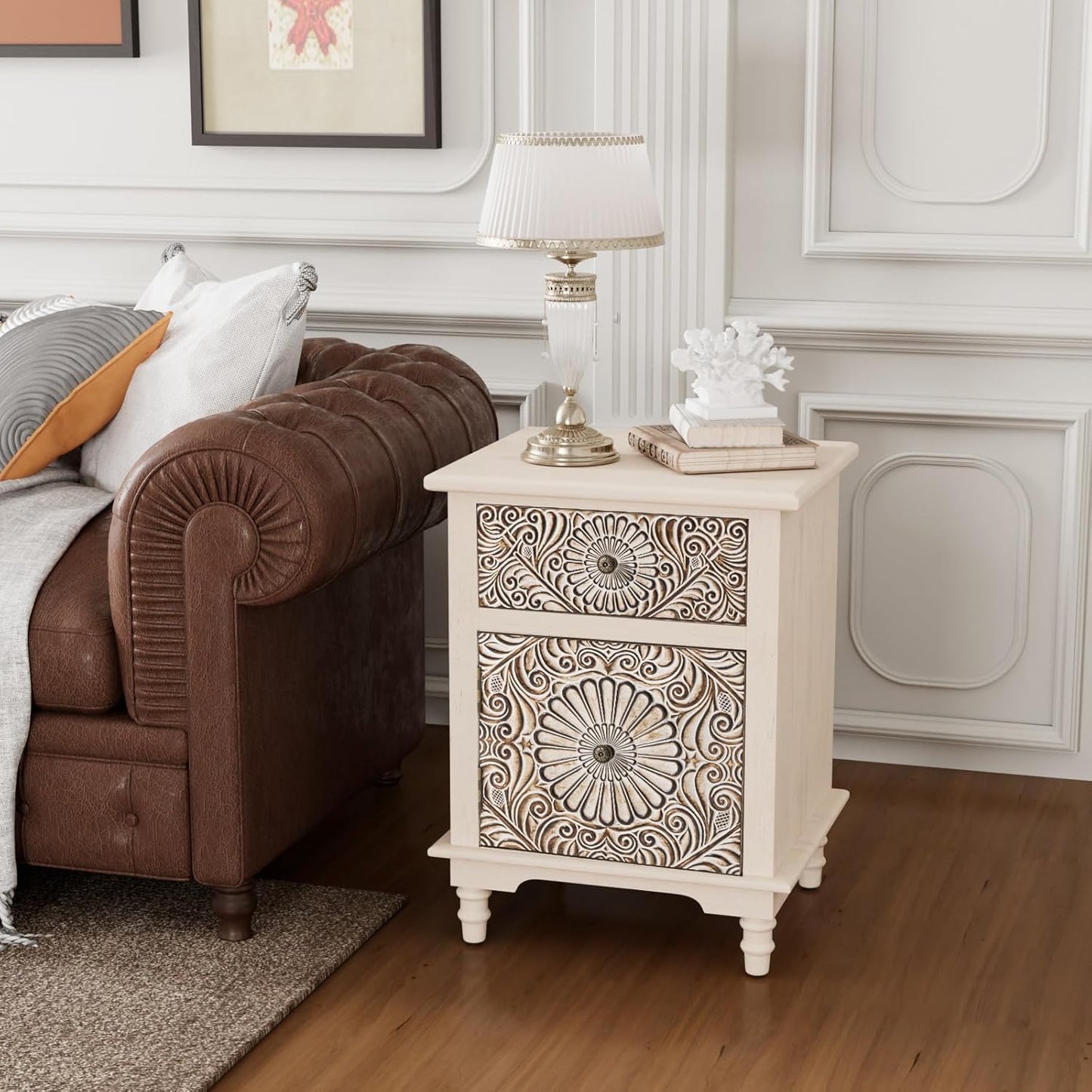 COSIEST 2 Drawers Accent Dresser, Vintage Small Accent Chest with 4 Wood Legs, Free-Standing Buffet Server Nightstand End Table for Bedroom, Living Room, Entryway