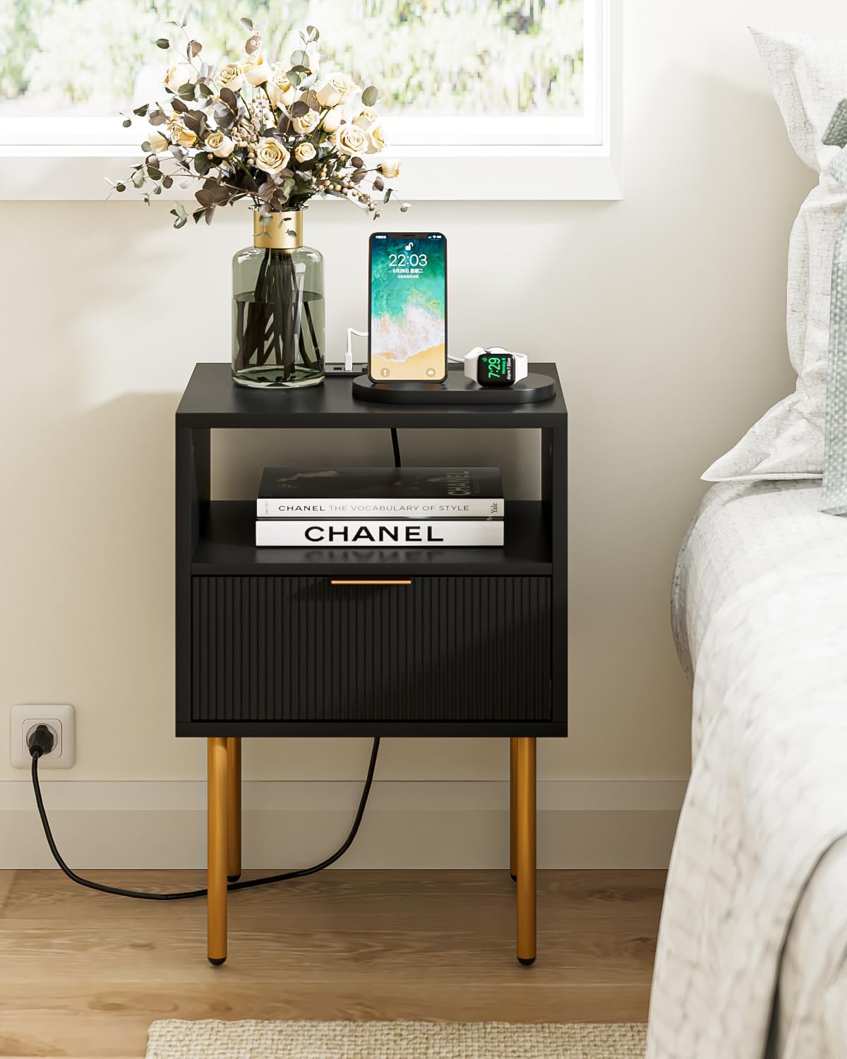 Nightstand,Small Bedside Table with Gold Frame,Morden Night Stand with 2 Drawer,End Table,Side Table with Drawer and Shelf for Bedroom,Living Room (Black-1Drawer-Outlet)