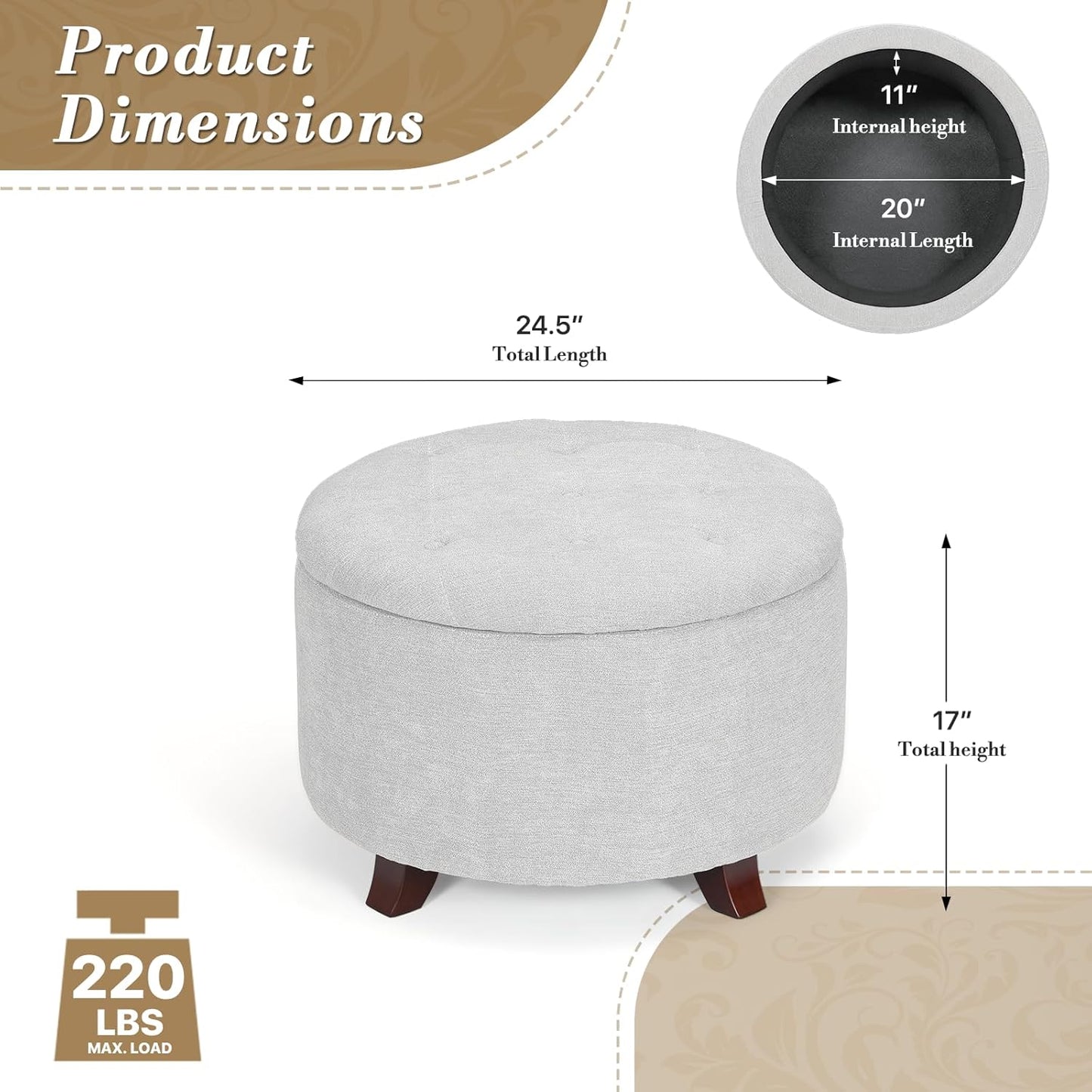 Athena Collection 24.5 Inch Small Ottoman with Storage, Round Linen Fabric Storage Ottoman Foot Rest with Removable Lid, Multipurpose Footstool Footrest for Livingroom, Bedroom, Dorm, Grey
