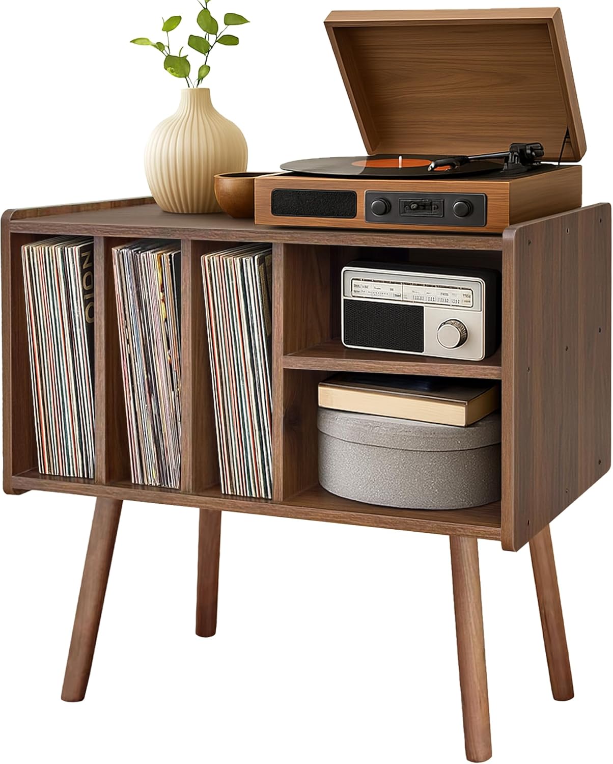 Record Player Stand with Vinyl Storage, Wooden Record Player Table with 5 Cabinet, Large Vinyl Record Player Stand, Record Player Holder, Record Player Shelf for Office Living Room, Walnut