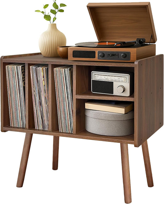 Record Player Stand with Vinyl Storage, Wooden Record Player Table with 5 Cabinet, Large Vinyl Record Player Stand, Record Player Holder, Record Player Shelf for Office Living Room, Walnut