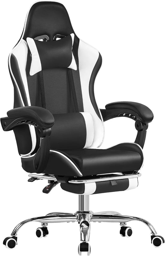 VECELO Ergonomic Gaming Chair with Footrest, Comfy Recliner Computer Chair, Swivel Seat, Height Adjustable, High Back PU Leather, Lumbar Support, Headrest for Adults, Black