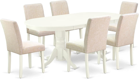 East West Furniture VAAB7-LWH-02 7 Piece Modern Dining Table Set Consist of an Oval Wooden Table with Butterfly Leaf and 6 Light Beige Linen Fabric Parsons Chairs, 40x76 Inch, Linen White