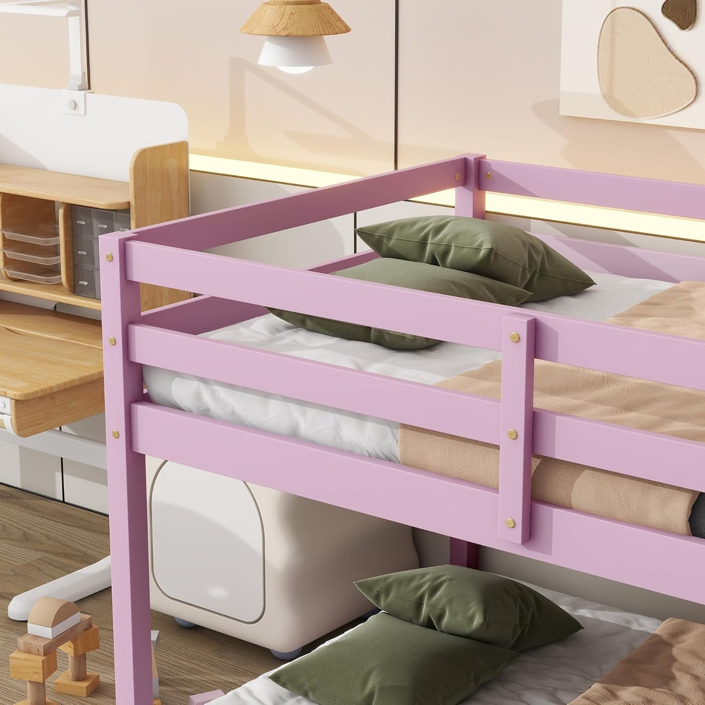 Ball & Cast Bunk Bed Twin Over Twin,Floor Bunk Bed with Ladder,Solid Rubber Wooden Bed Frame w/Full Length Guardrail,for Dormitory, No Box Spring Needed,for Kids Teens,Pink