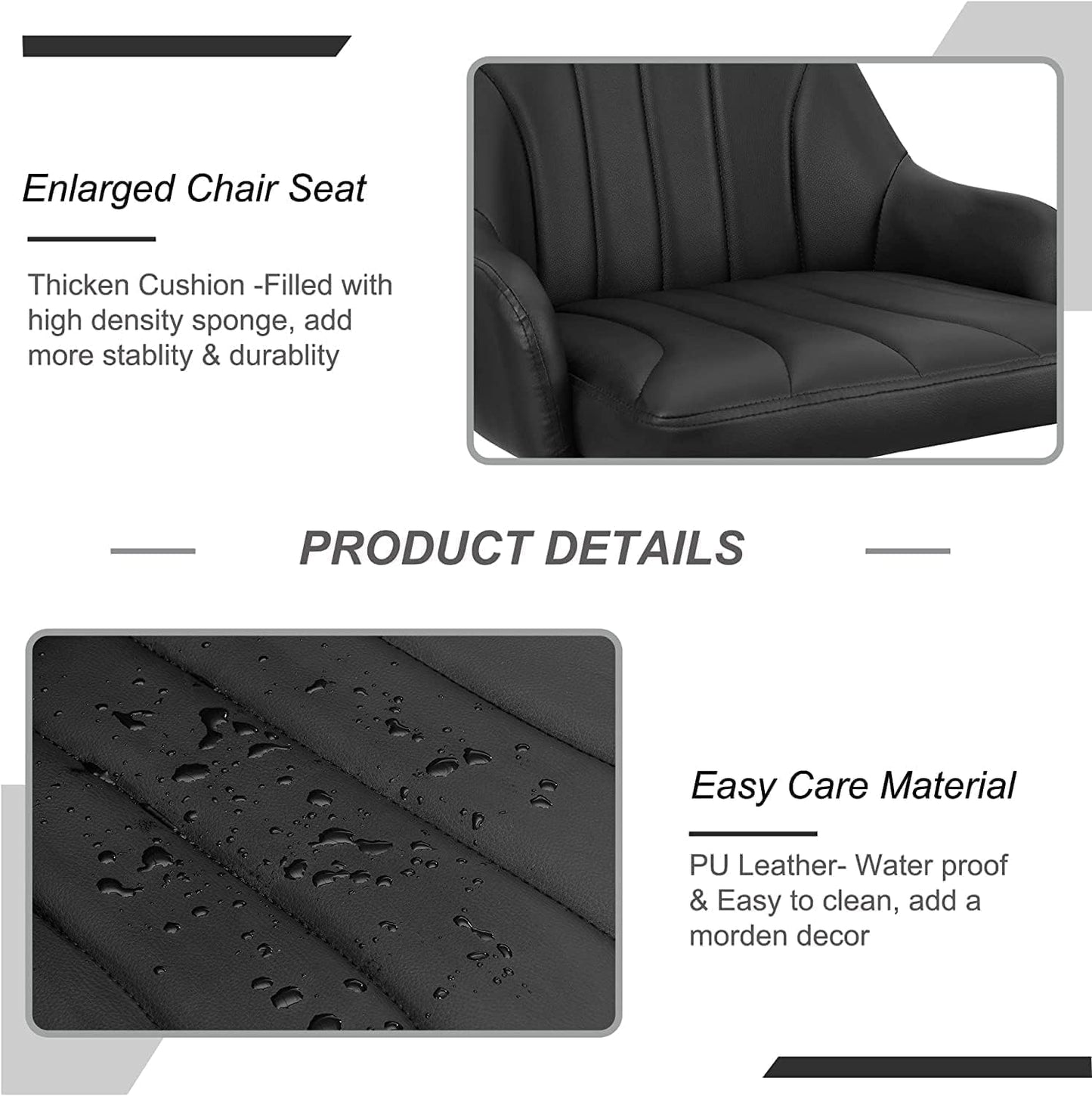 VECELO Bar Stools Set of 2, Adjustable Barstools, Counter Height Stools with Back and Arm, Kitchen Island Stools, Swivel PU Leather Stools, Modern Style, PU Black