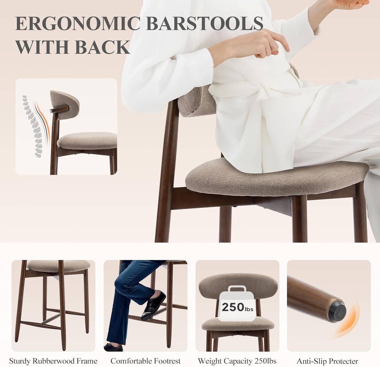 COLAMY Counter Height Bar Stools Set of 2, Kitchen Bar Stools with Back, Mid Century Modern Upholstered, with Wood Legs for Kitchen Island Dining Room, Camel