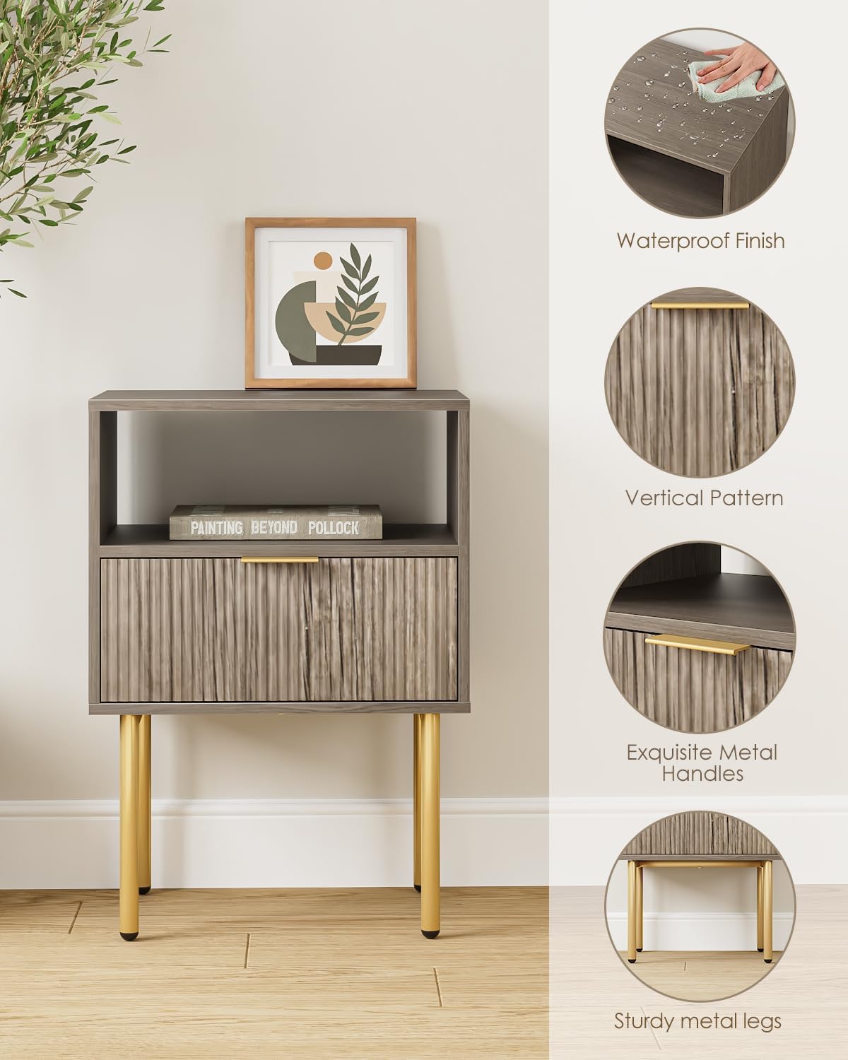 Nightstand,Morden Bedside Table with Gold Frame,Small White Night Stand,End Table,Bedside Furniture,Side Table with Drawer and Shelf for Bedroom,Living Room (1Drawer, Grey)