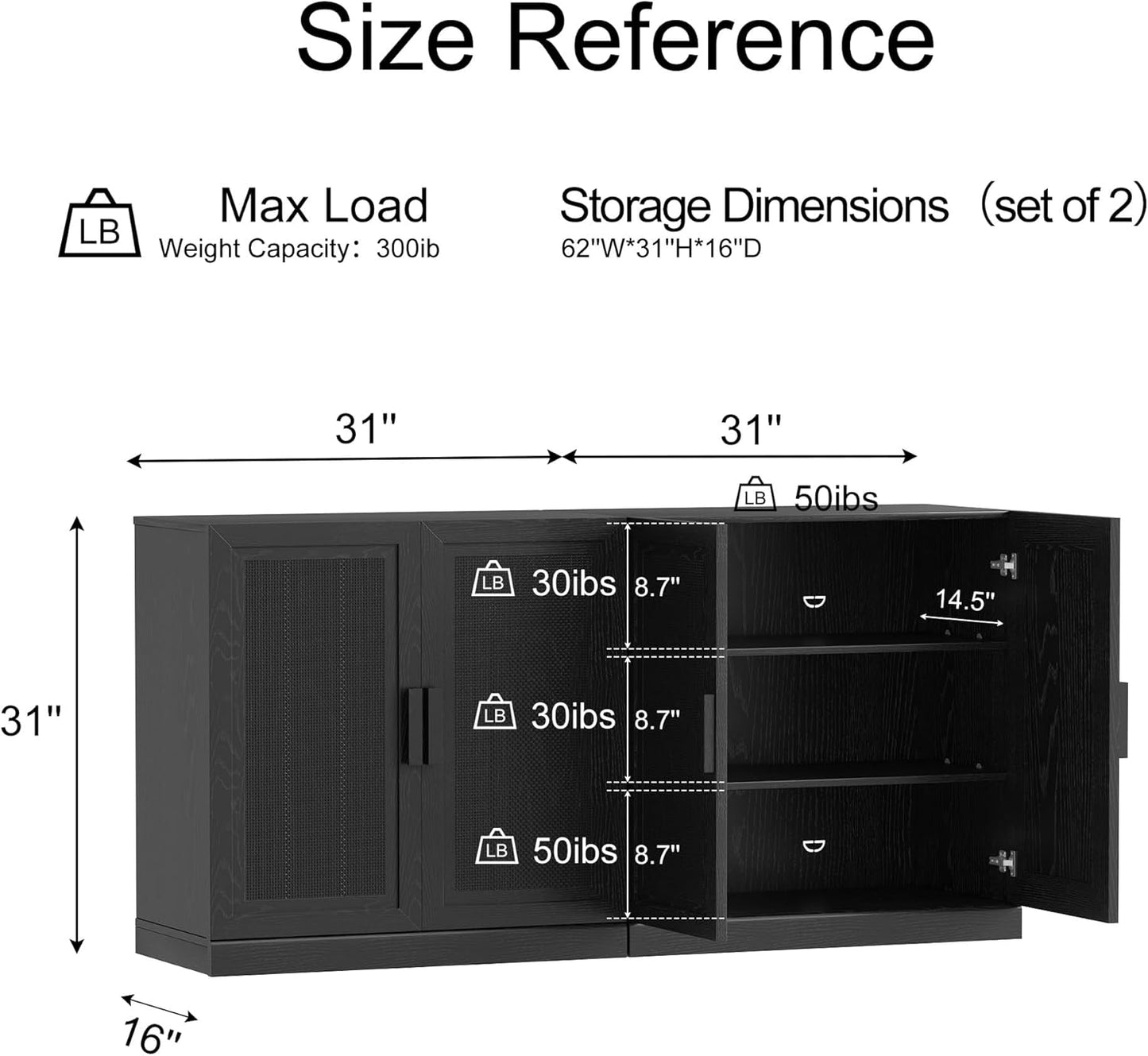 Buffet Cabinet, 4-Doors Sideboard Cabinet with Rattan Panels, Buffet Console Accent Table for Hallway Entryway Dining Room, 62", Black