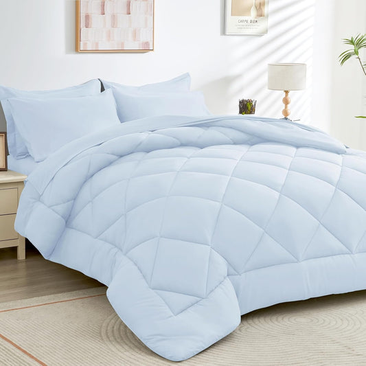 HEVUMYI Light Blue Twin Comforter Set - 5-Piece All Season Bed in a Bag Twin, Ultra Soft Bedding Set with Comforter, Flat Sheet, Fitted Sheet, Pillowcases, Pillow Shams