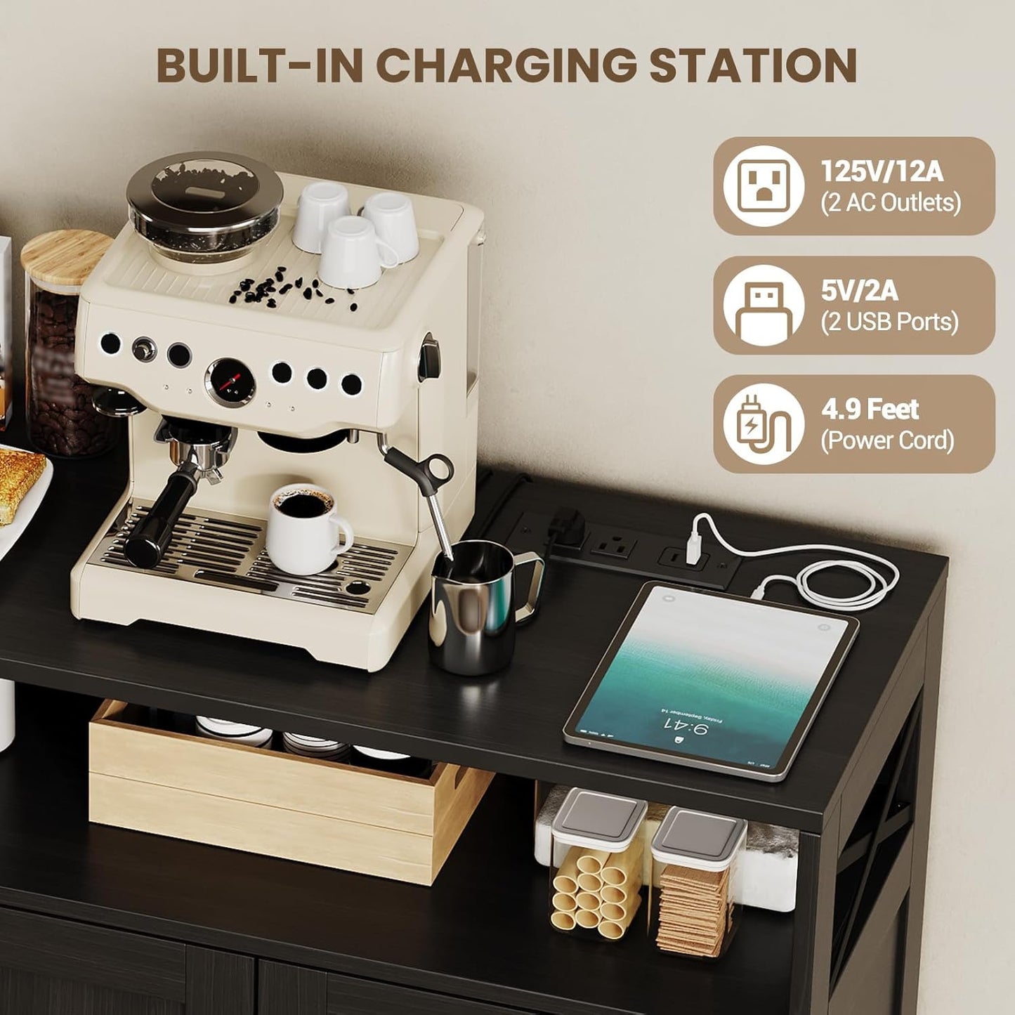 47" Farmhouse Sideboard Buffet Cabinet with Storage & Built-in Power Outlet,Coffee Bar Table Kitchen Buffet Cabinet with 3 Drawers and Barn Doors, Adjustable Shelves for Living Room Dining Room Black