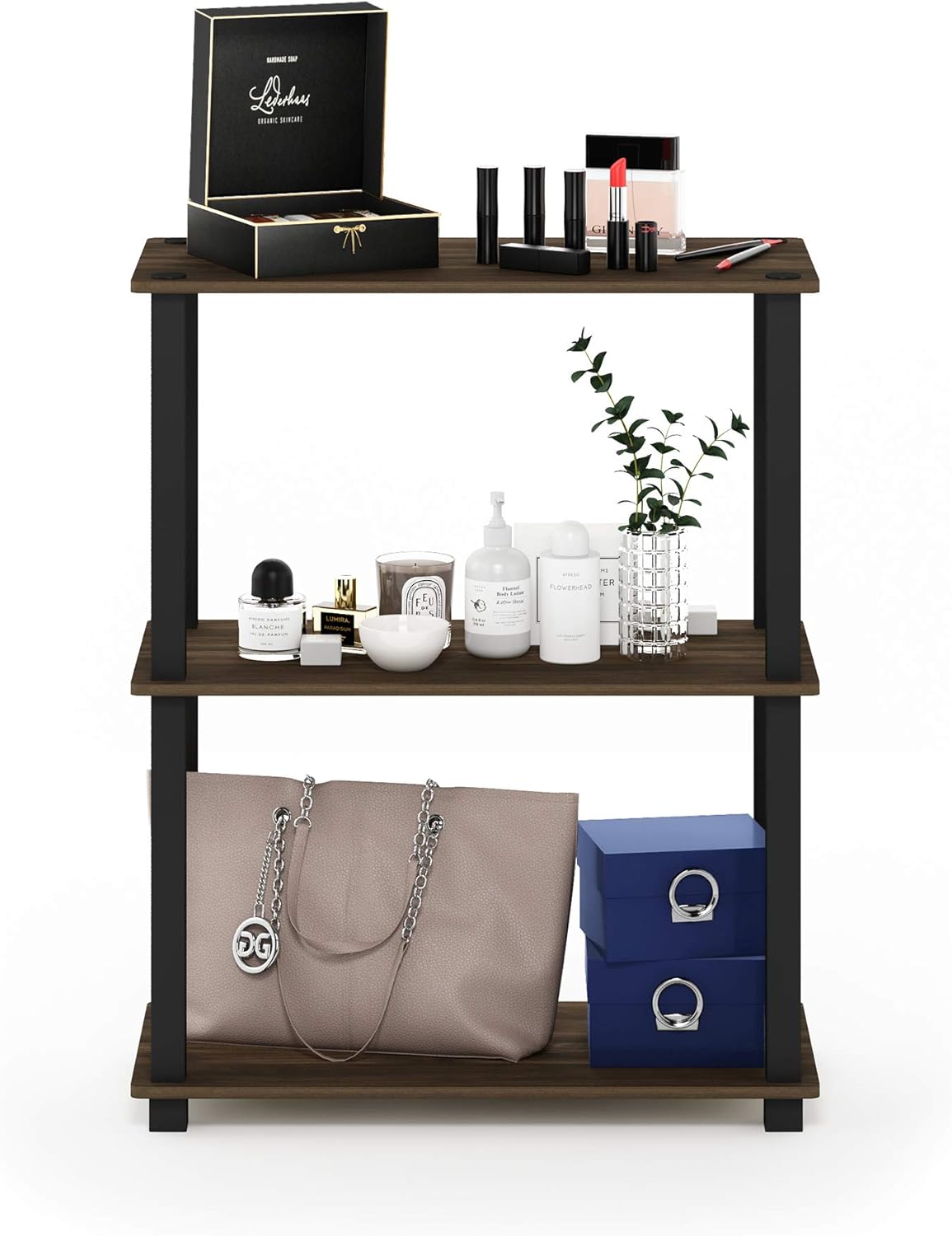 Furinno Turn-S-Tube 3-Tier Compact Multipurpose Shelf Display Rack with Square Tube, Columbia Walnut/Black